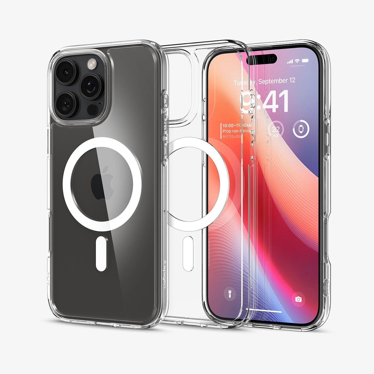 Telefoonhoesje met telefoon erin, met het scherm en de achterkant met MagSafe.