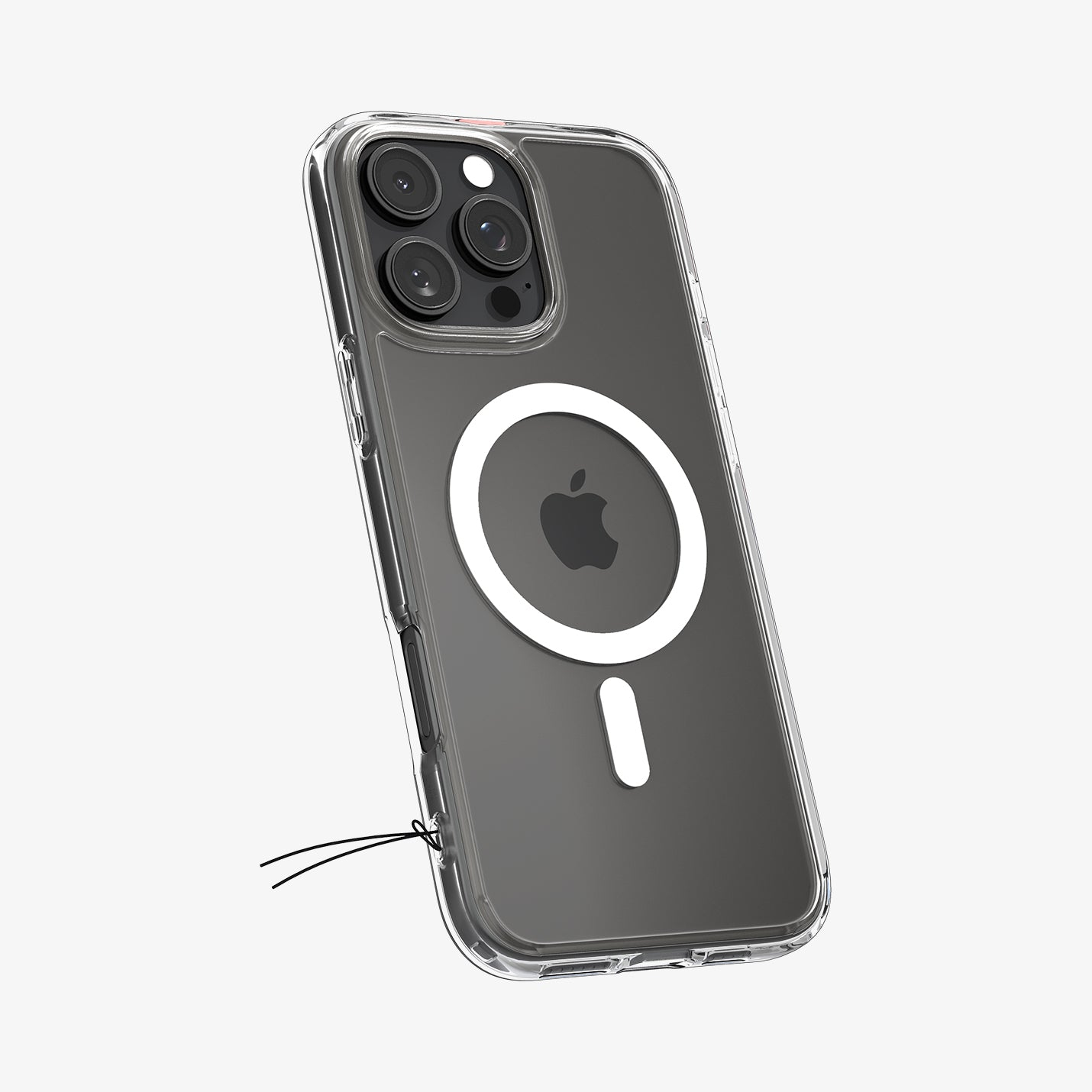 Een transparante telefoonhoes met een telefoon erin, schuin om drie cameralenzen te laten zien.