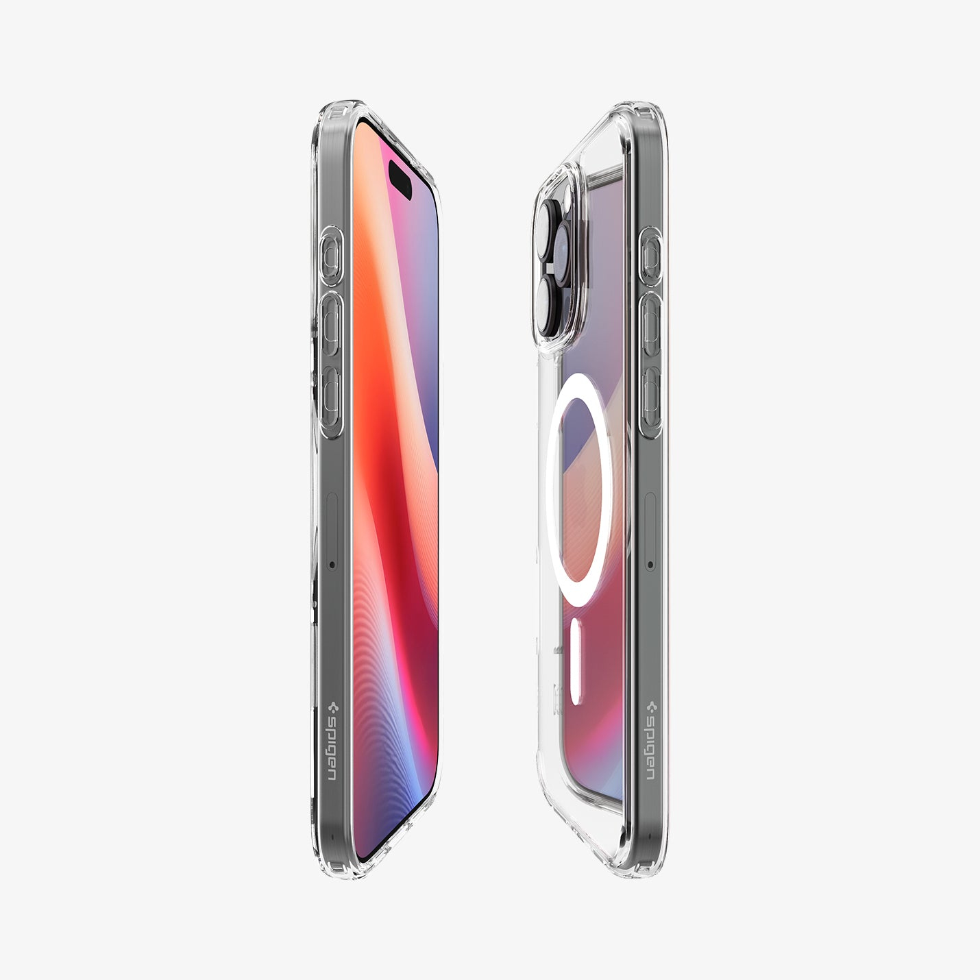 Twee transparante telefoonhoesjes naast elkaar, die de randen en de achterkant van de telefoon laten zien.