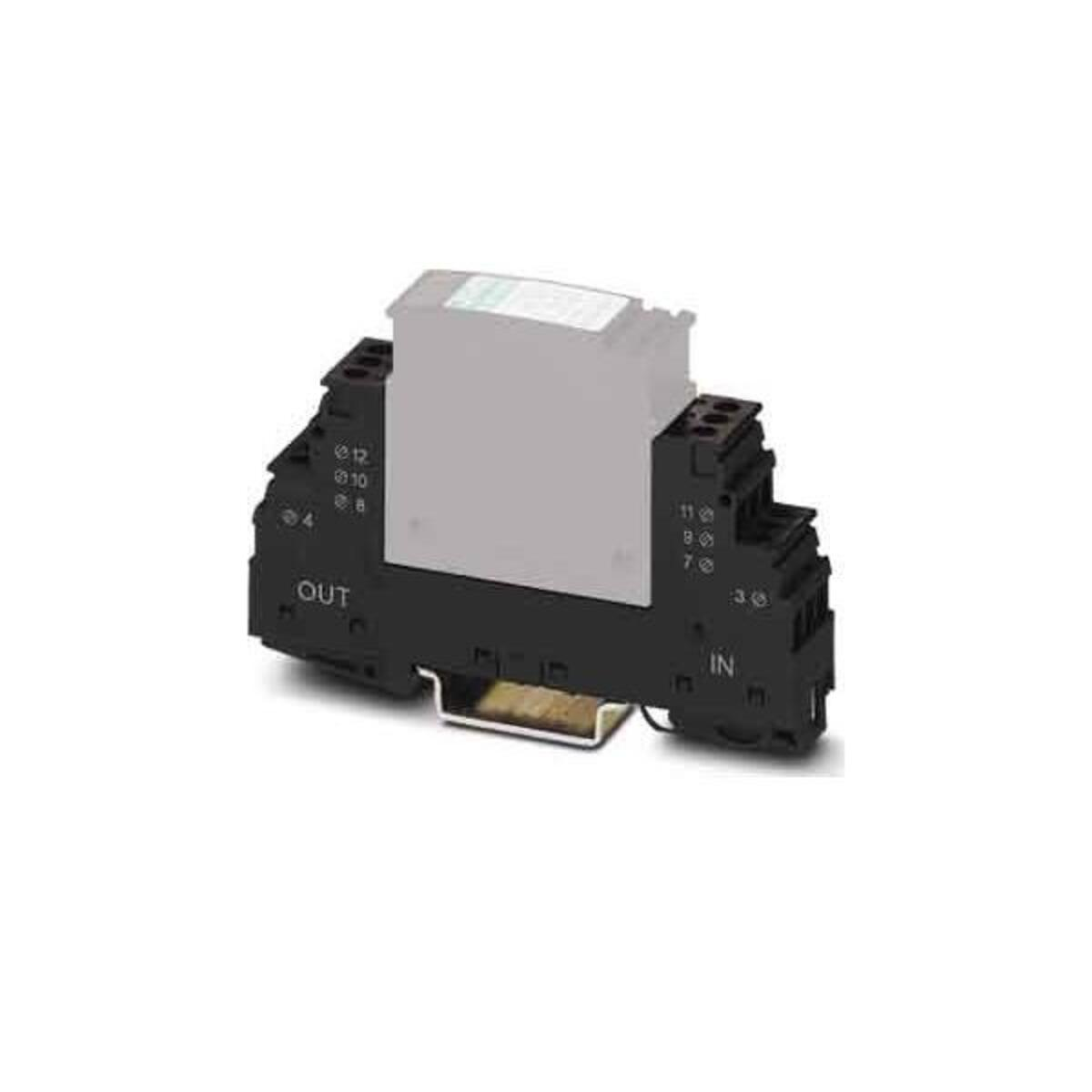 Modulo relè elettrico nero con morsetti e un componente bianco sopra.