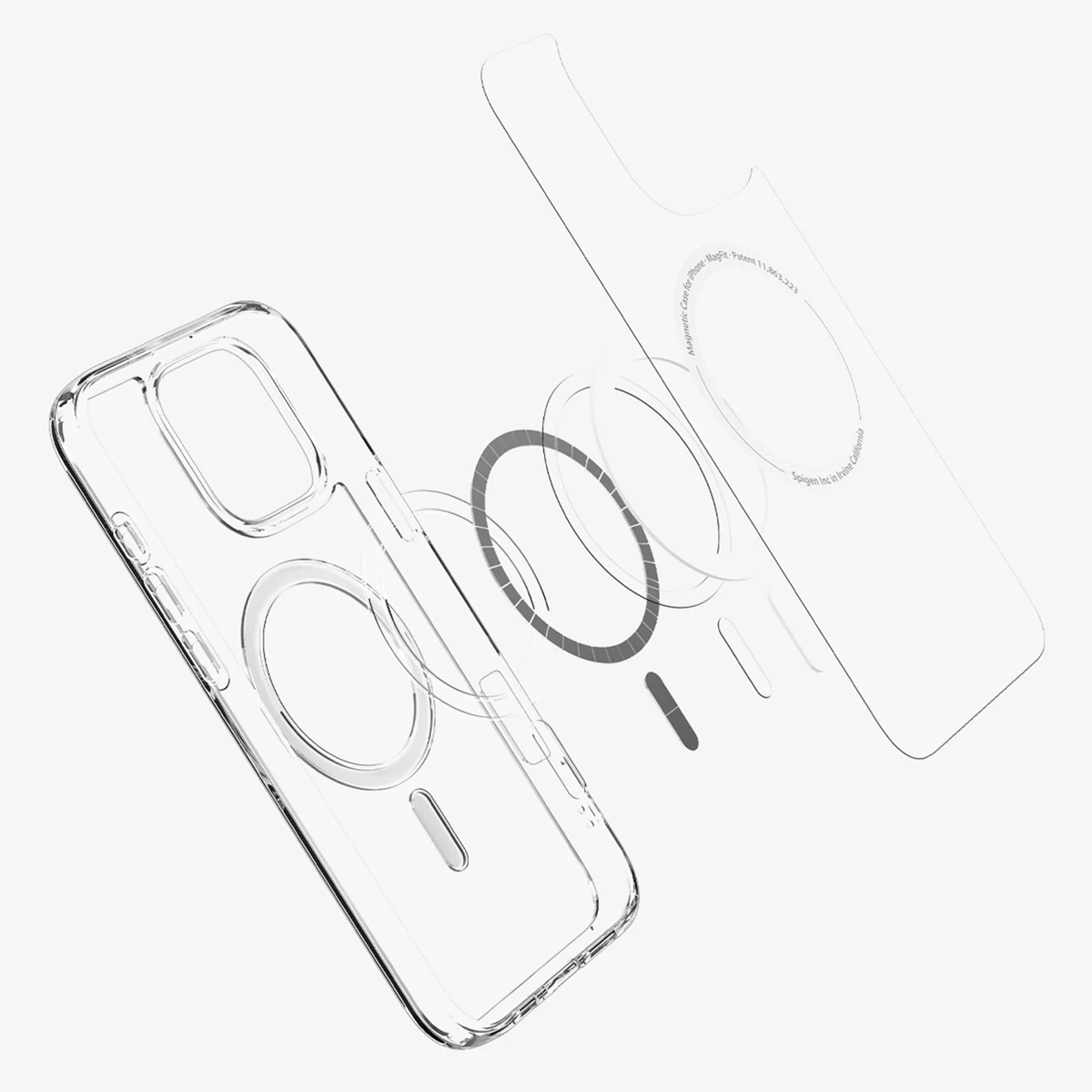 Telefonhülle mit abgebauten magnetischen Teilen, die zeigen, wie sie am Telefon befestigt werden.