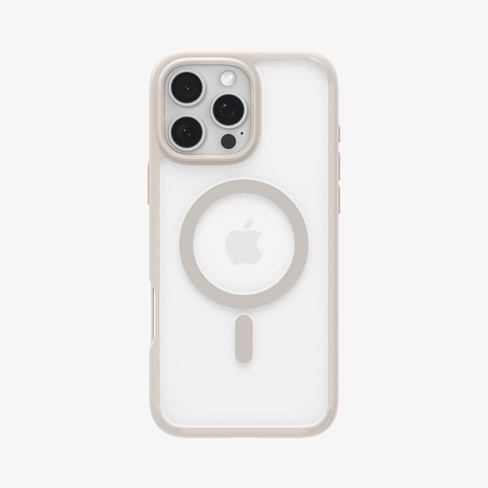 Witte telefoonhoes met Apple-logo en MagSafe. De achterkant van de telefoon is zichtbaar.
