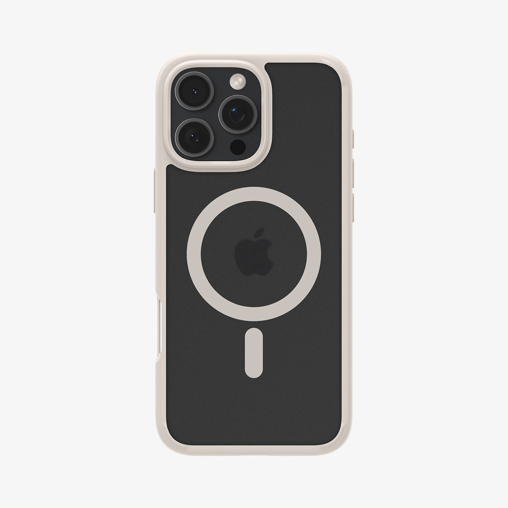 Zwart-witte telefoonhoes met Apple-logo en MagSafe. Een camera is zichtbaar.