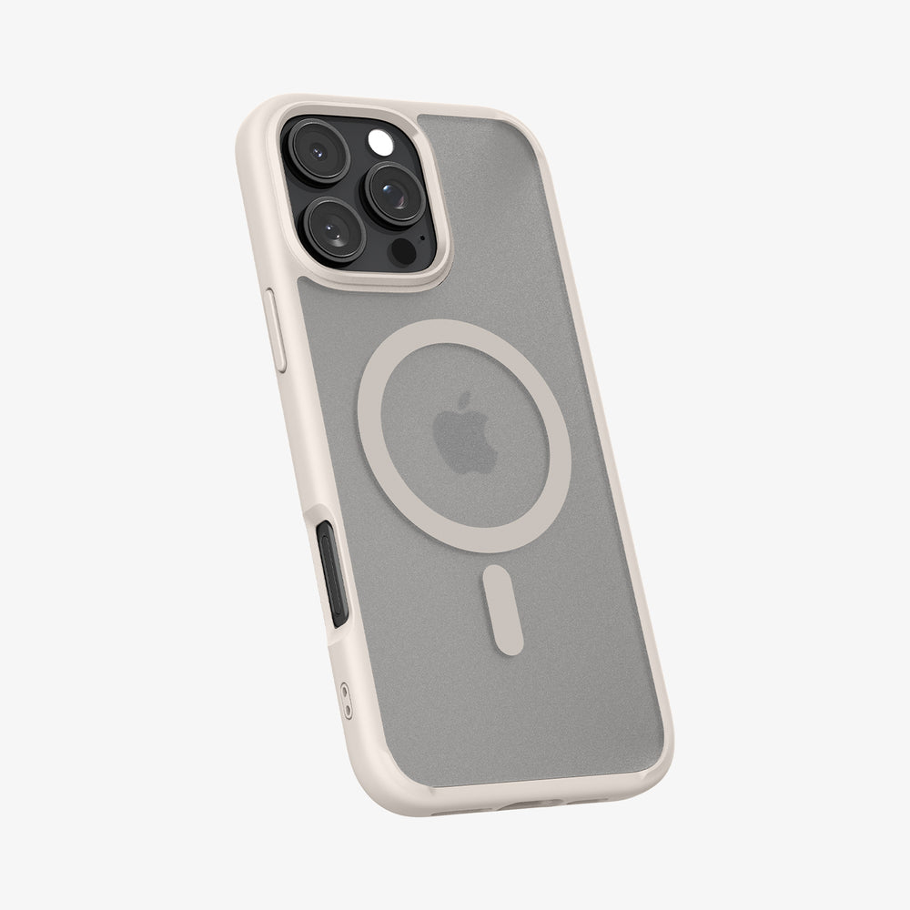 Telefoonhoesje met een Apple-logo. De hoes is wit en transparant, met de telefoon erin.