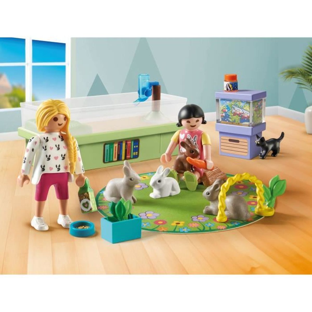 Scena z zabawkami Playmobil z dwojgiem dzieci bawiących się królikami i kotem oraz otoczeniem sklepu zoologicznego.