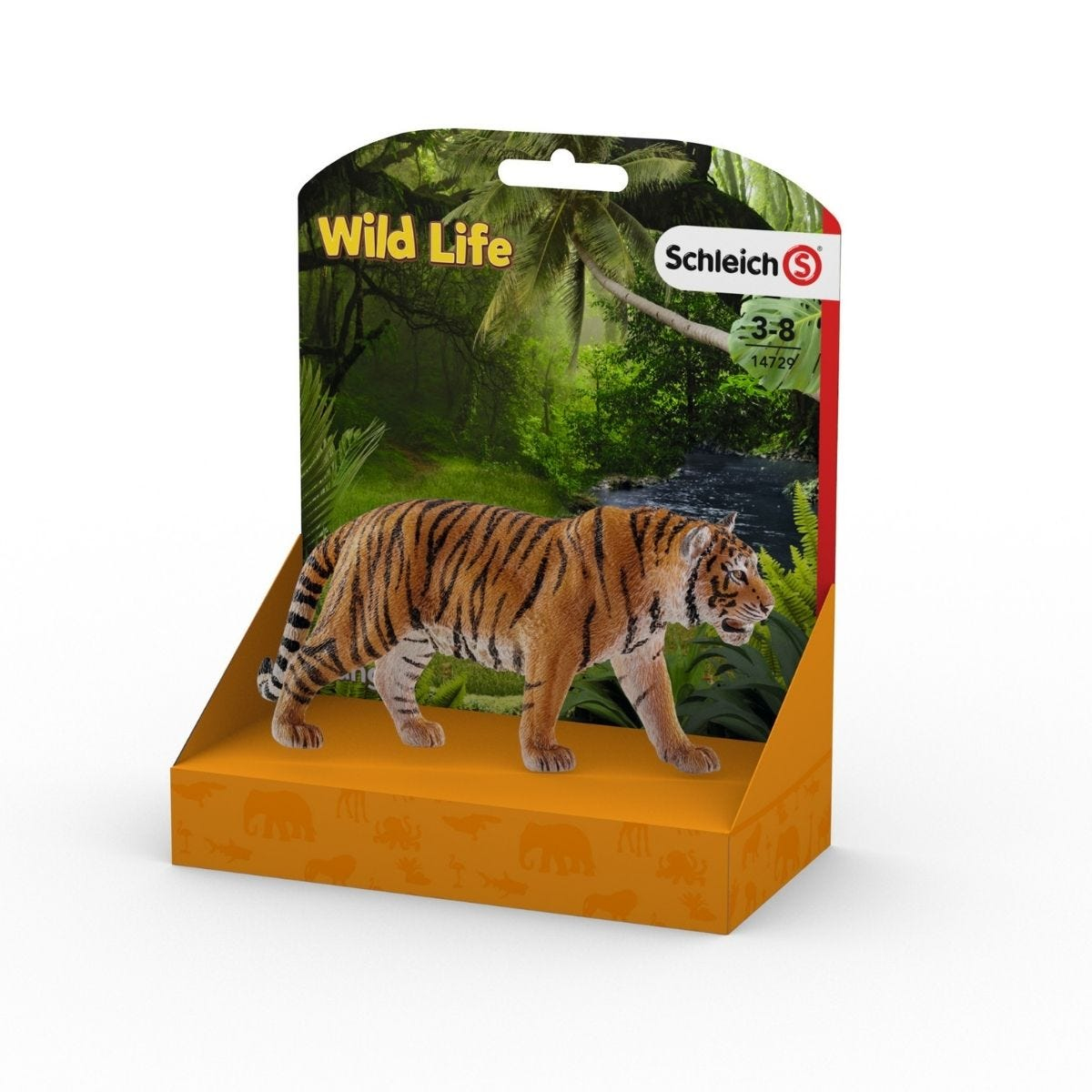 Ein Tiger-Spielzeug in einer Displaybox, mit Dschungel-Szene im Hintergrund, auf weißer Oberfläche.