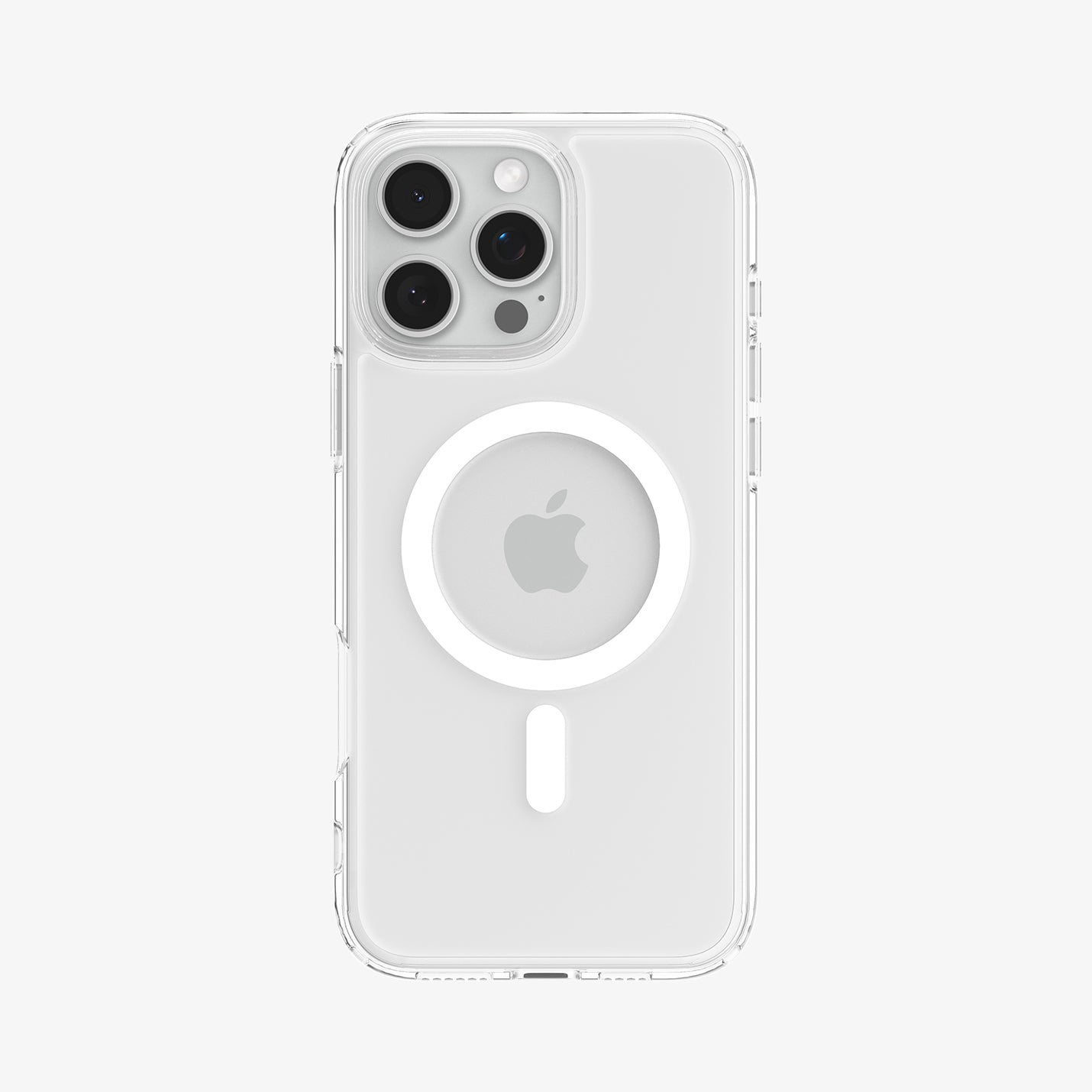 Een doorzichtige telefoonhoes met een witte MagSafe-cirkel en een telefoon erin.