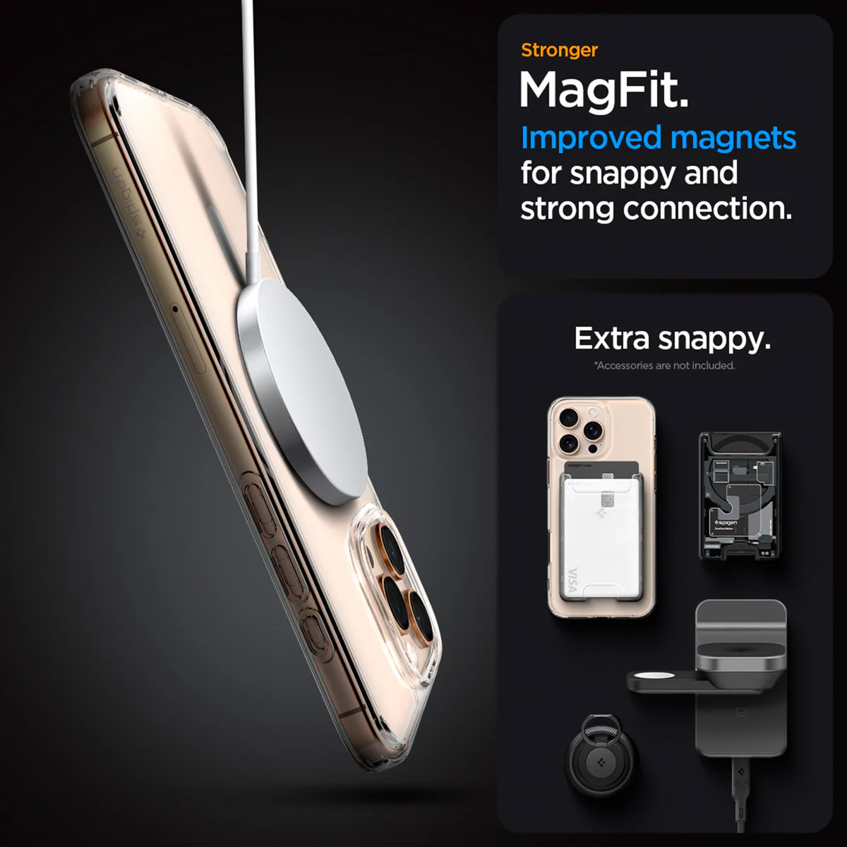 Een telefoon in een doorzichtige hoes met een MagFit-oplader en MagFit-accessoires.