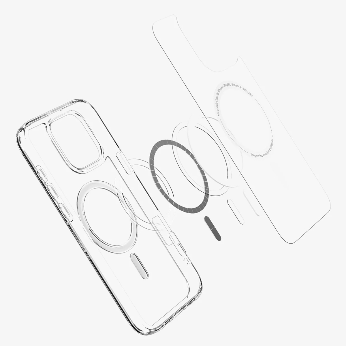 Transparante telefoonhoes met zichtbare magnetische ringcomponenten, schuin tegen een witte achtergrond.
