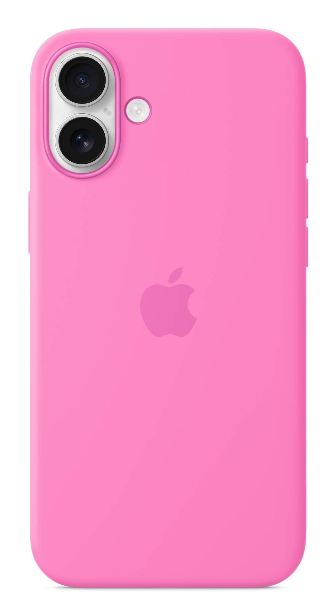 Rosa Handyhülle mit zwei Kameralinsen und einem Apple-Logo auf der Rückseite. Weißer Hintergrund.