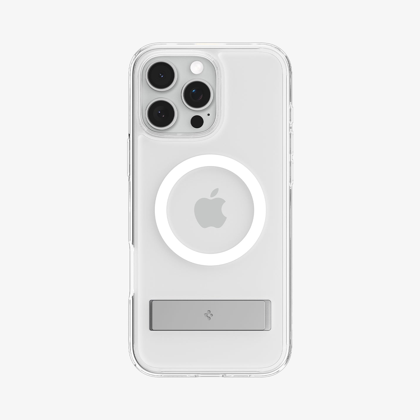 Transparante telefoonhoes met MagSafe en een zilveren standaard. Het Apple logo is zichtbaar. Witte achtergrond.