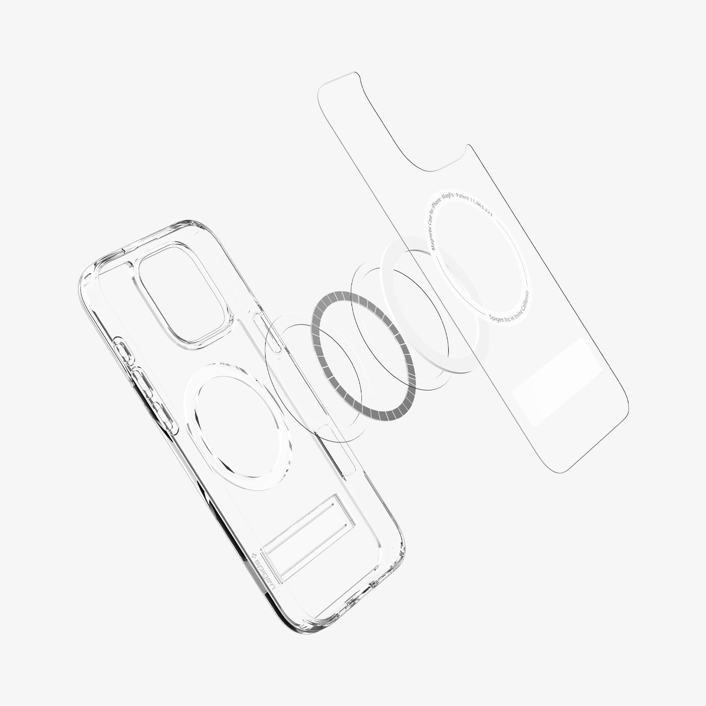 Transparante telefoonhoes met magnetische ringen en een doorzichtig achterpaneel, tegen een lichte achtergrond.