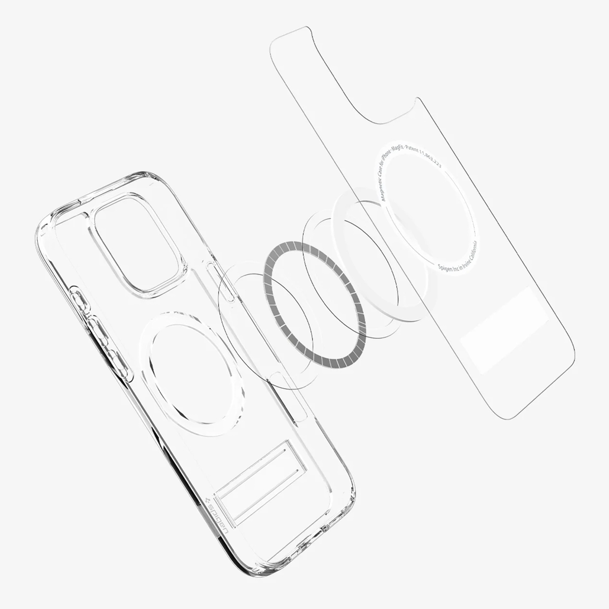 Exploded view van een transparante telefoonhoes met MagSafe en een zilveren standaard, met de verschillende componenten.