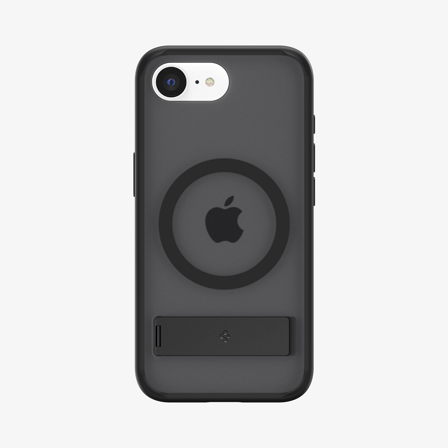 Schwarze Handyhülle mit Apple-Logo, Kamera und Ständer.