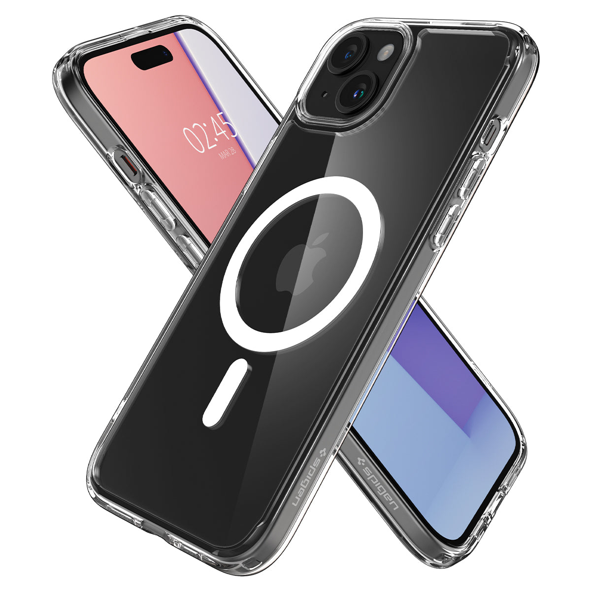 Two phones in clear cases. The cases are transparent with MagSafe rings. One phone shows a pink screen.