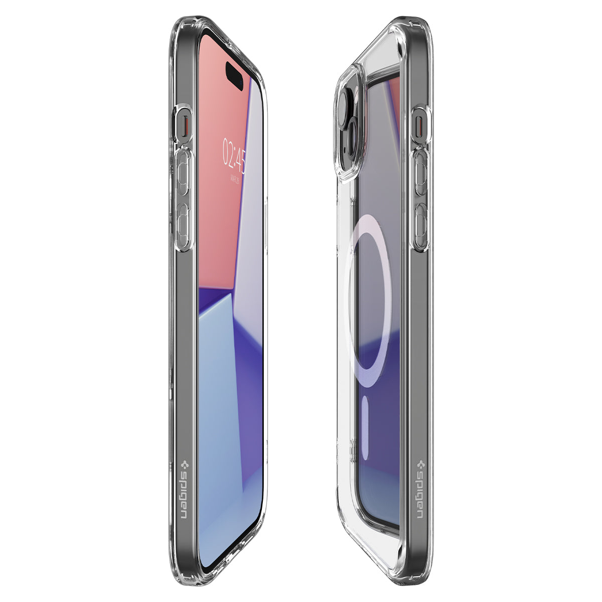 Two clear phone cases. One shows the screen, the other the back. Both have the Spigen logo.