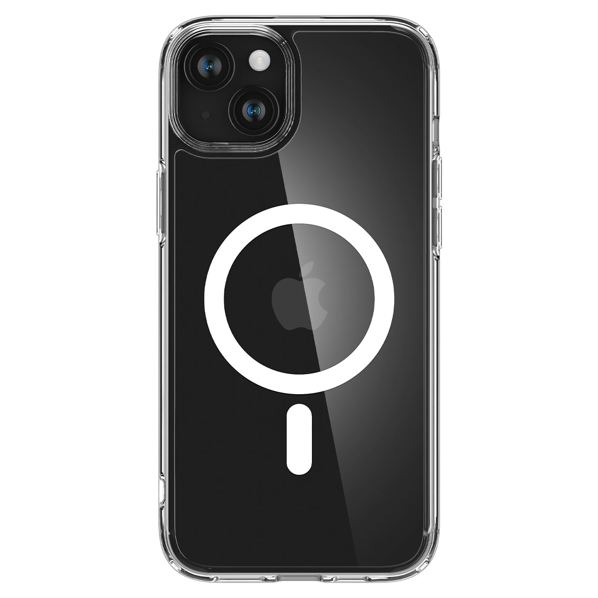 A clear phone case on a black phone. The back has the Apple logo and a MagSafe ring. The phone is black.