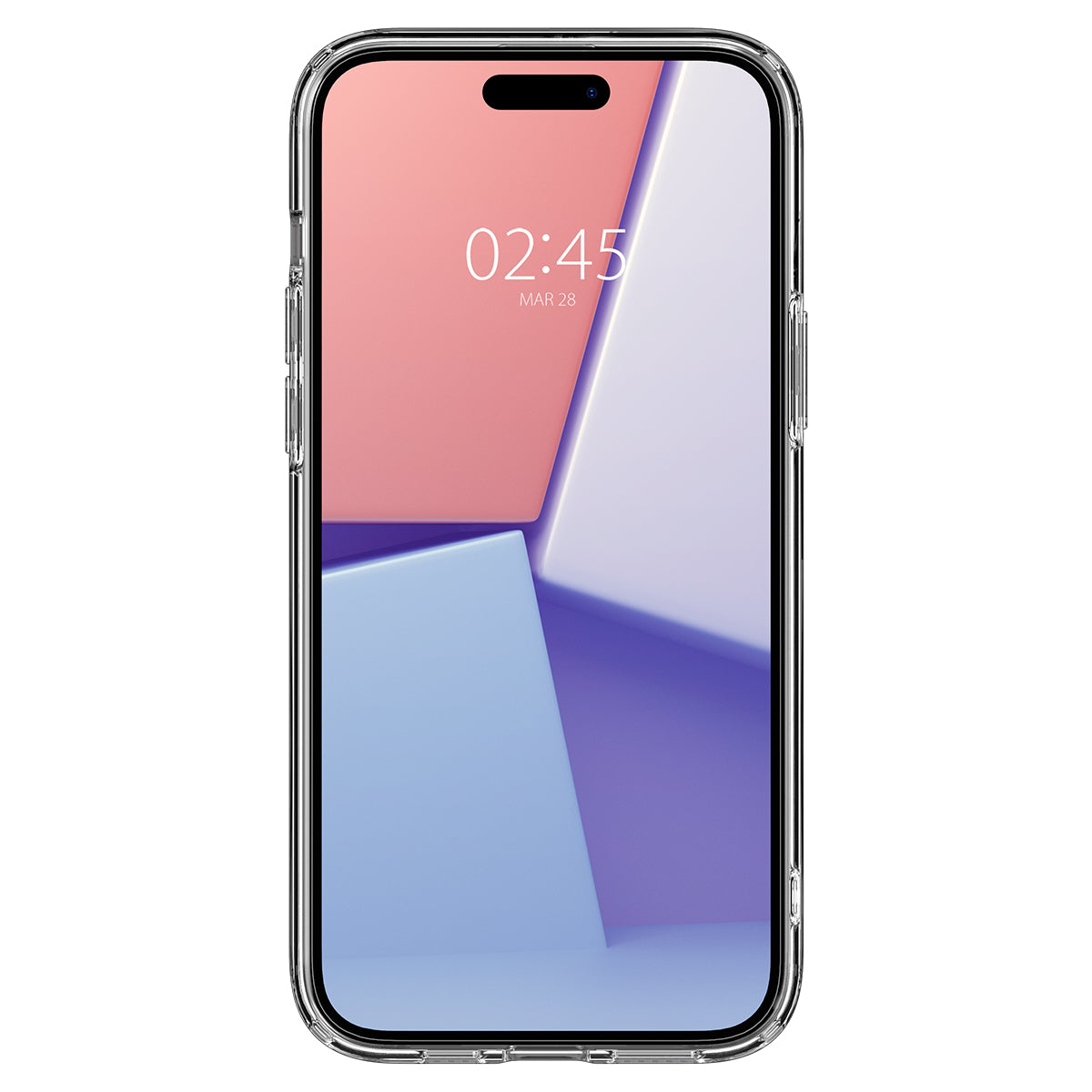 A clear phone case with a phone inside. The phone shows a pink and blue abstract design on the screen.