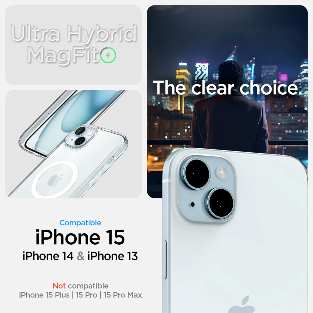 Image of a phone case and a phone, with text promoting the clear case for iPhone 15, 14, and 13.