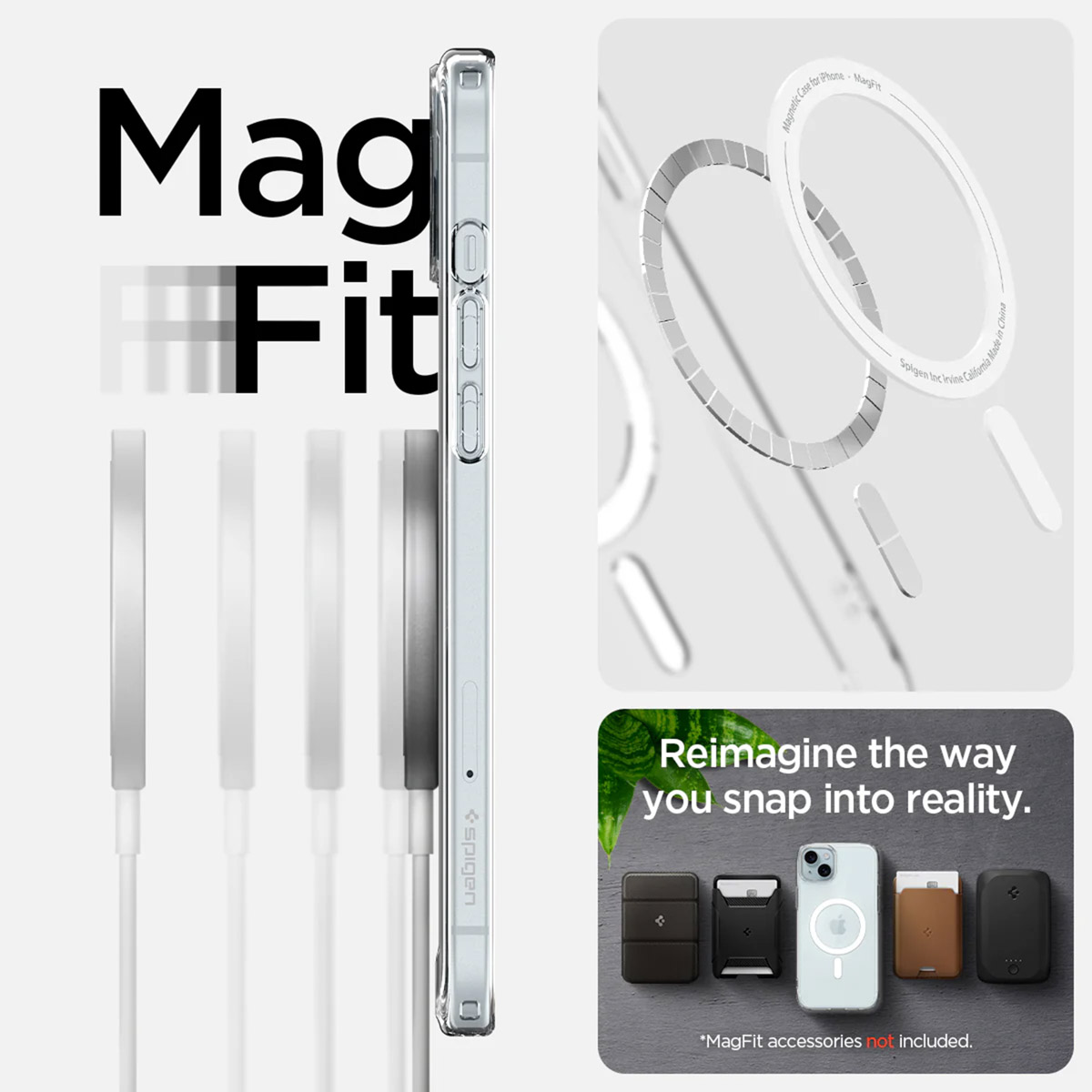 A promotional image. A clear phone case with MagFit accessories. Text: MagFit. Reimagine the way you snap into reality.