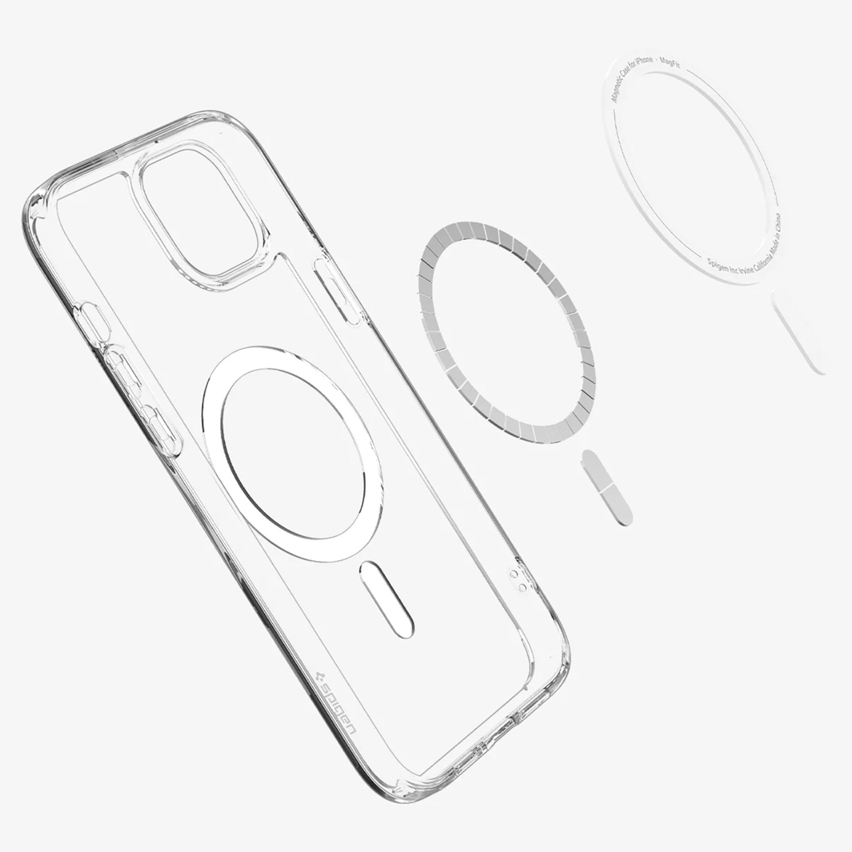 Clear phone case with magnetic ring and accessories. Transparent, with Spigen branding.