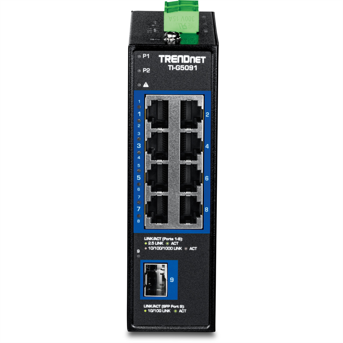 Schwarzer Netzwerk-Switch mit mehreren Anschlüssen und grünem Klemmenblock.