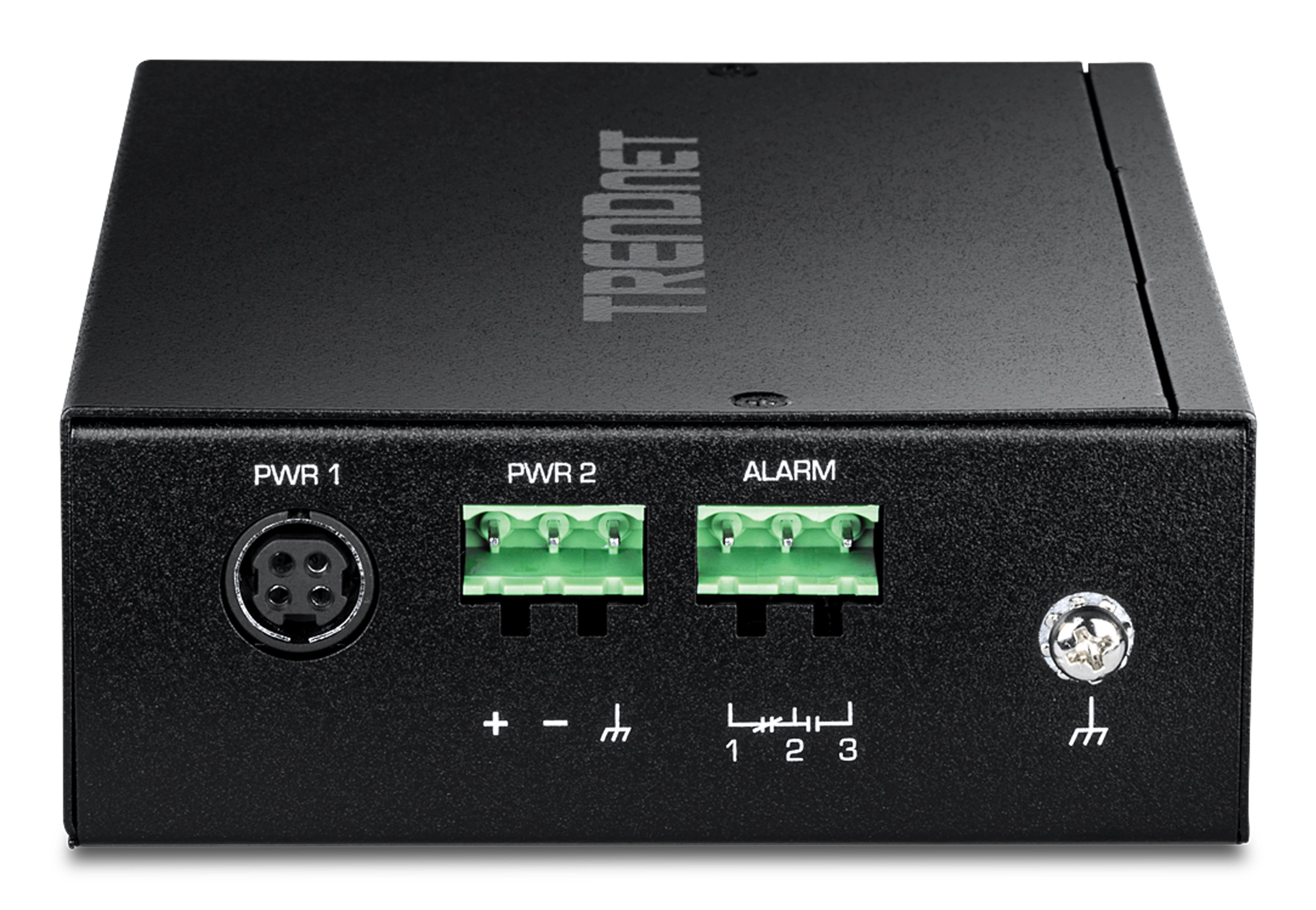 Schwarze TRENDnet-Box mit Anschlüssen, beschriftet mit Pwr 1, Pwr 2 und Alarm auf weißem Hintergrund.
