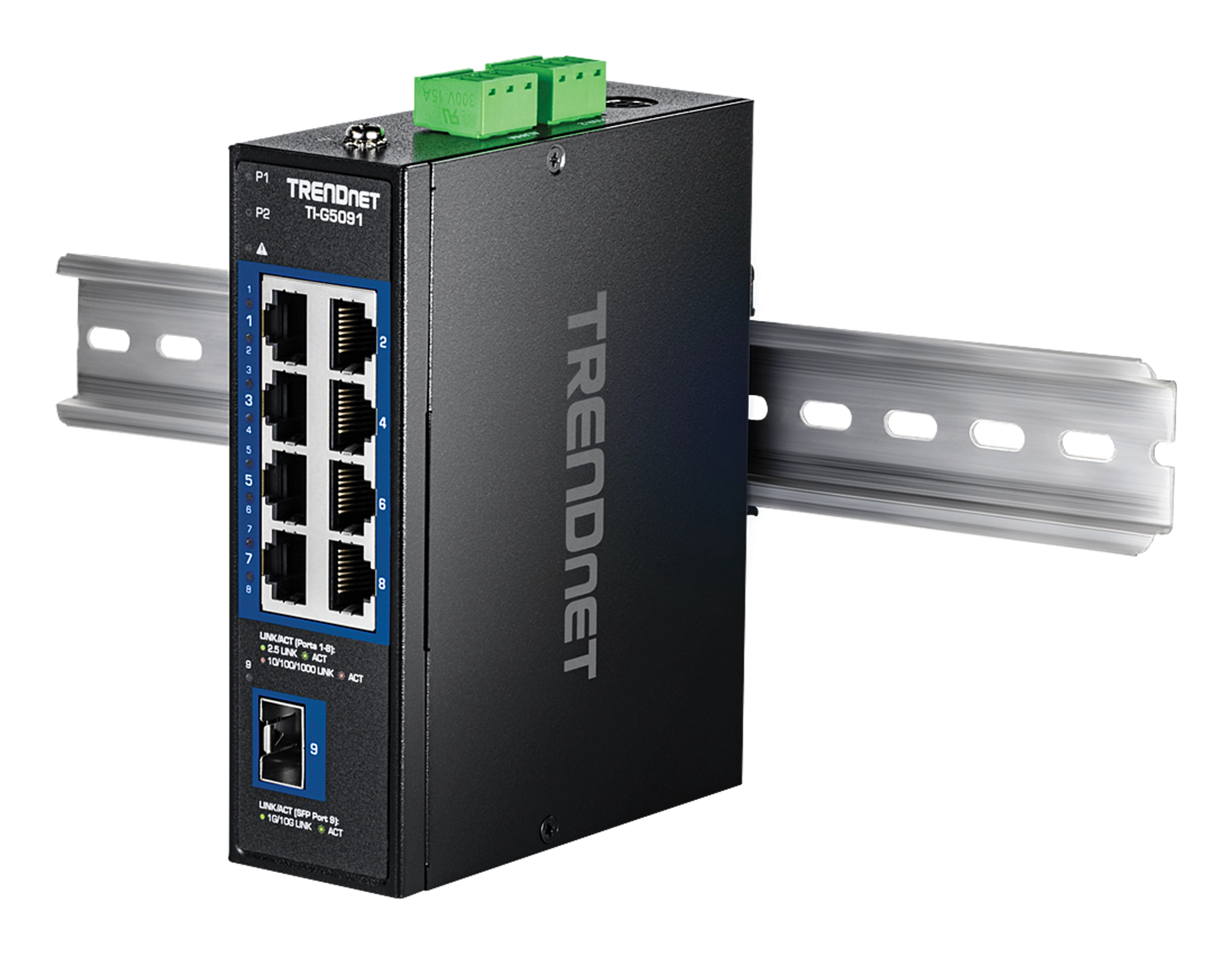 Ein schwarzer TRENDnet-Netzwerk-Switch mit Anschlüssen. Er hat einen grünen Anschluss oben.