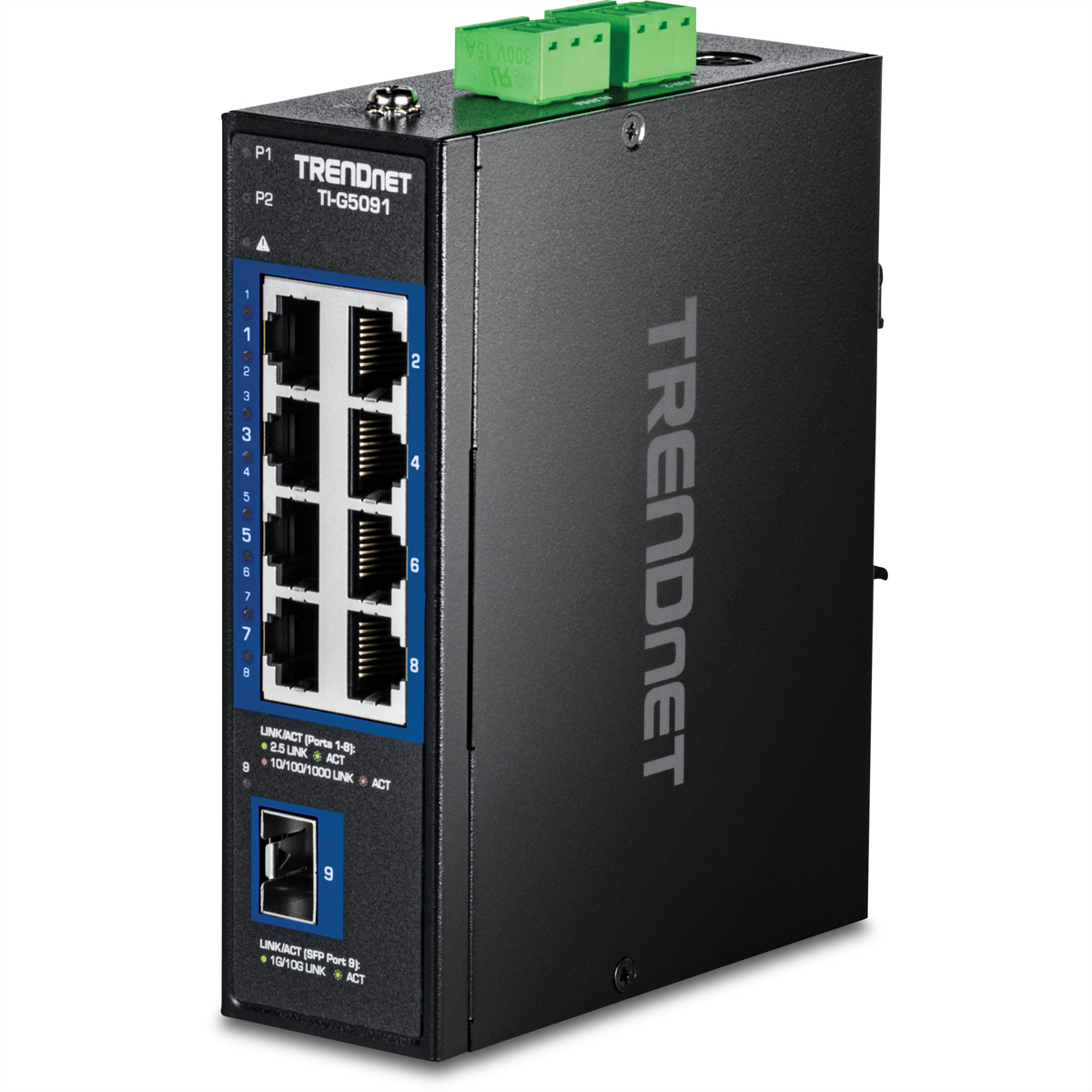 Ein schwarzer TRENDnet-Netzwerk-Switch mit vielen Anschlüssen. Er hat einen grünen Anschluss.
