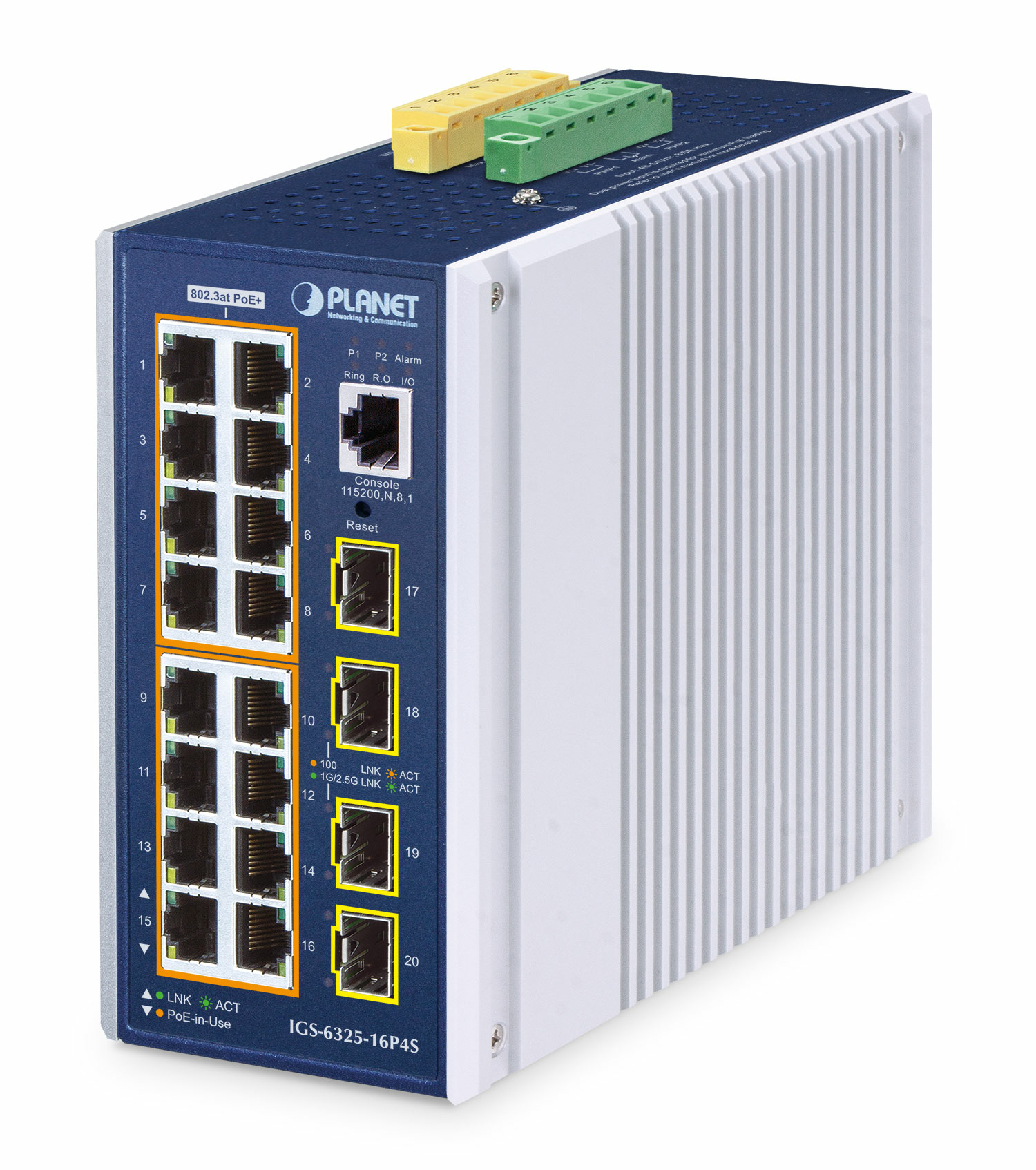 Industrieller Ethernet-Switch mit mehreren Ports, Kontrollleuchten und einem grünen Klemmenblock.