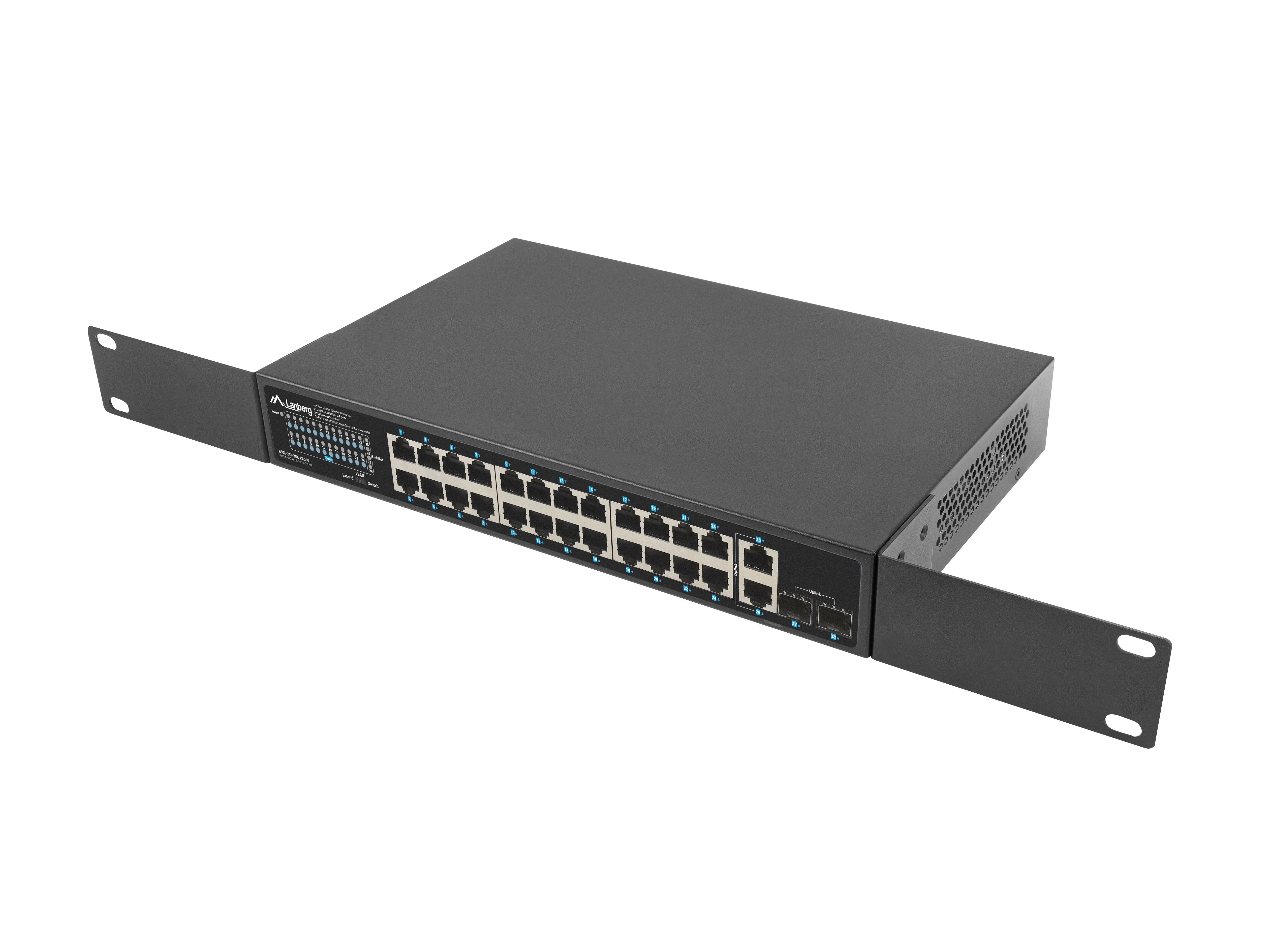 Schwarzer Netzwerk-Switch mit vielen Anschlüssen und Halterungen.