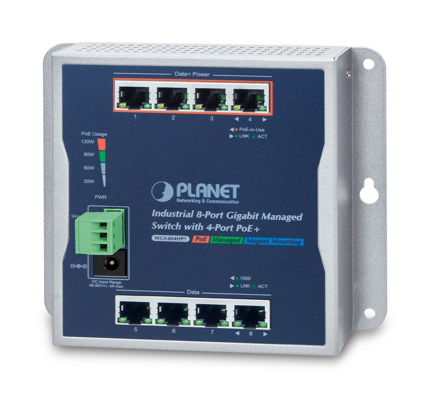Ein industrieller Switch mit Anschlüssen, Lichtern und Text. Der Switch ist metallisch blau und grau.