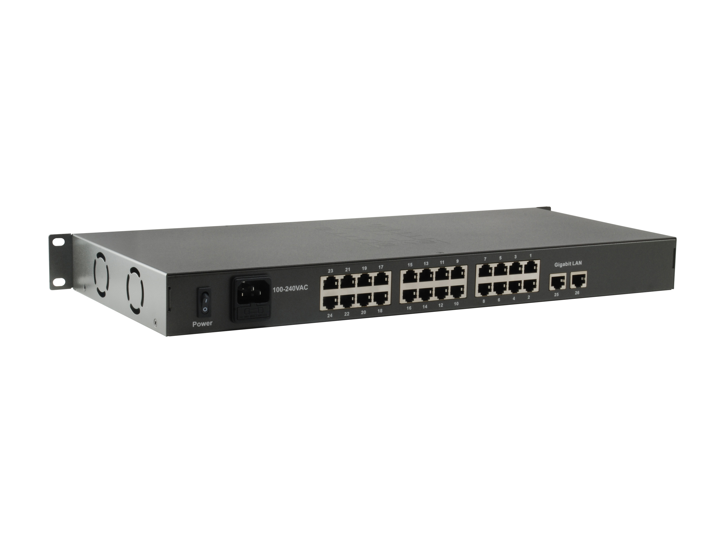 Uno switch di rete nero con porte e pulsante di accensione. È nero e su sfondo bianco.