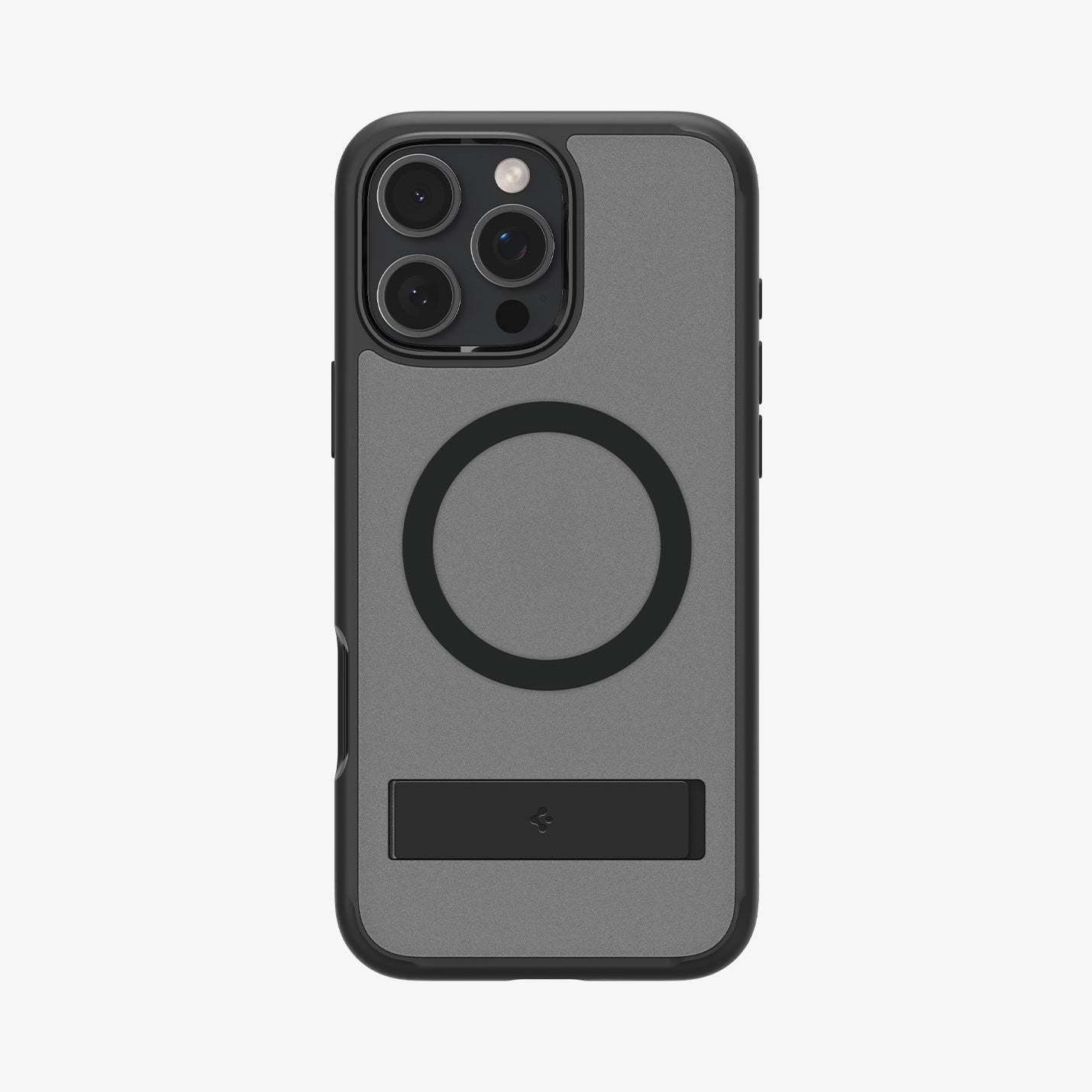 Une coque de téléphone grise avec une fixation magnétique circulaire noire et un support.