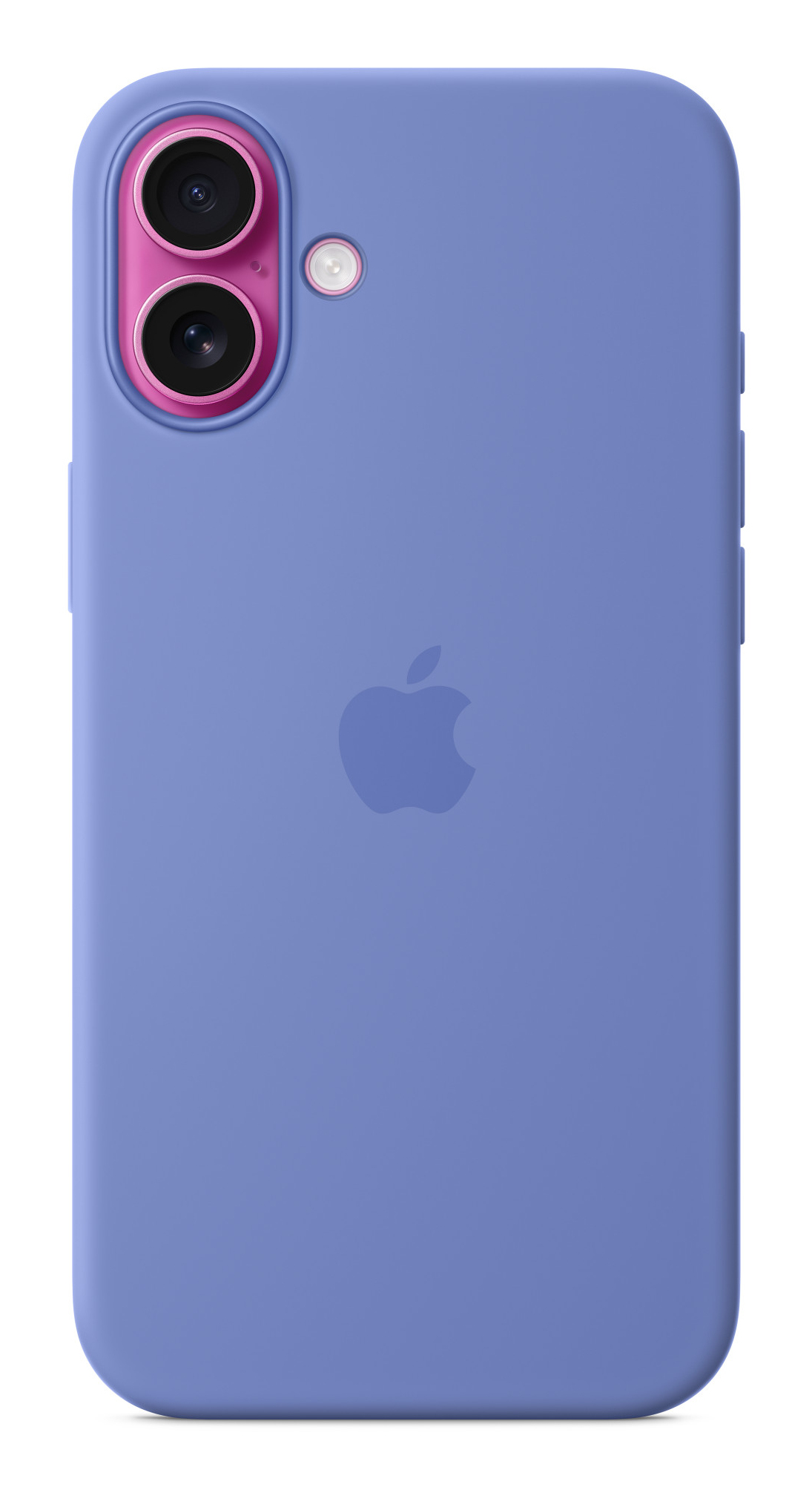 Eine blaue Handyhülle mit pinkfarbenem Kameraring und Apple-Logo.