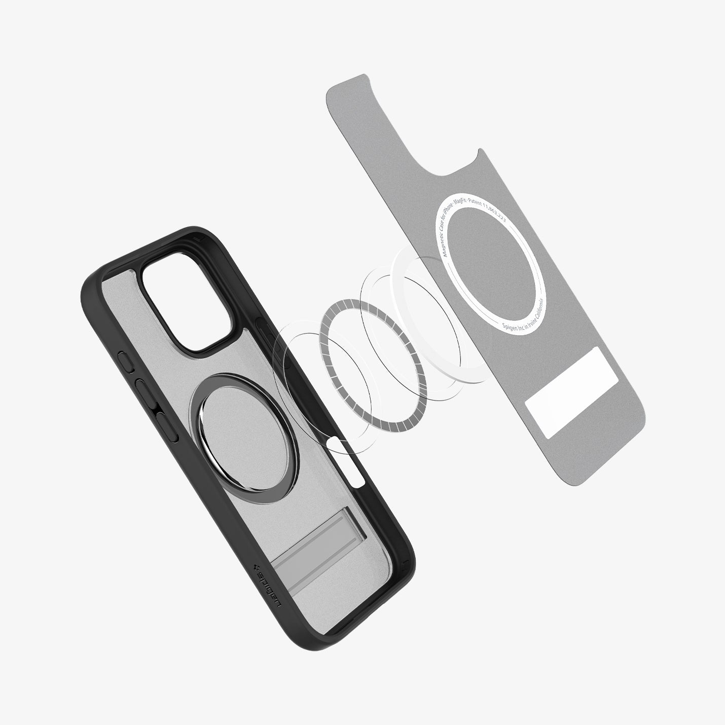Coque de téléphone noire avec un support et un anneau magnétique. La coque est légèrement ouverte.