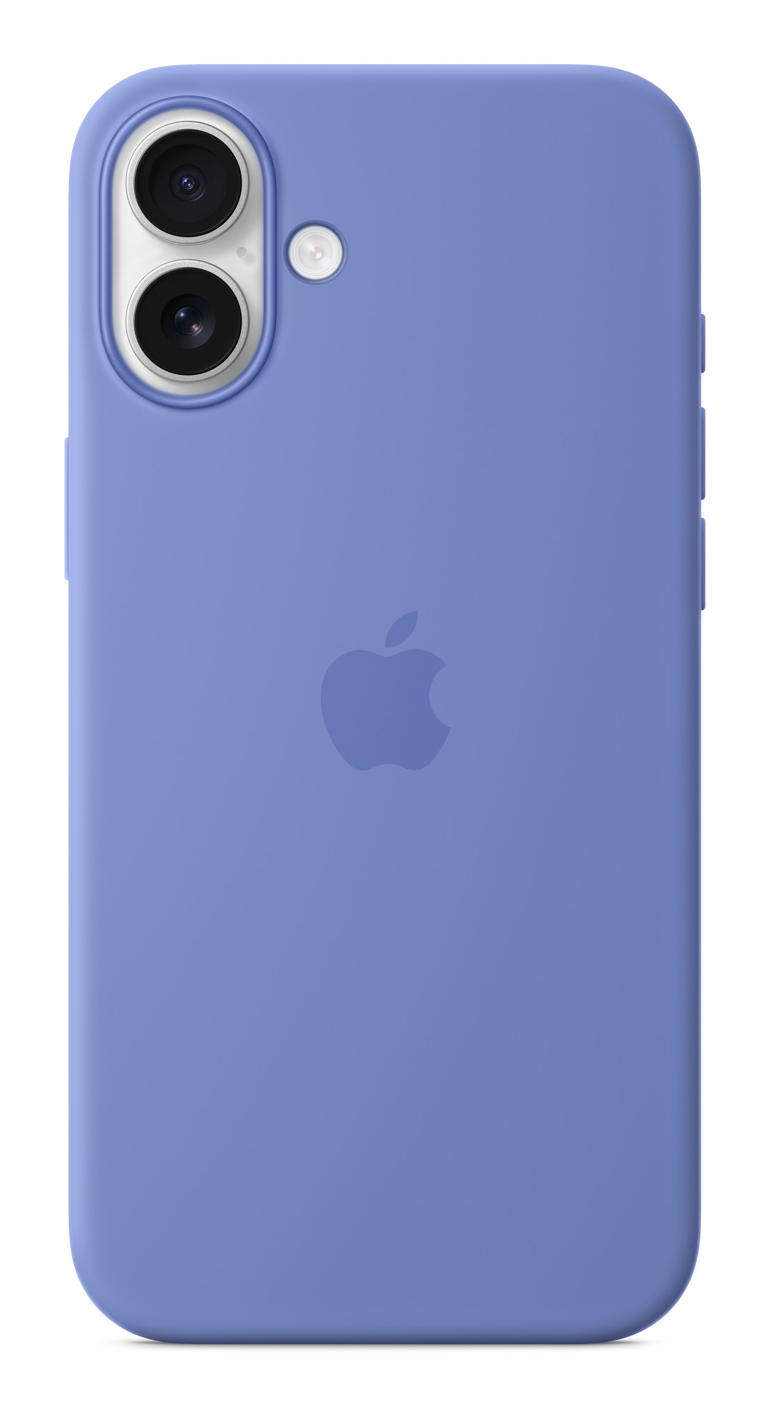 Eine blaue Handyhülle mit zwei Kameralinsen und dem Apple-Logo.