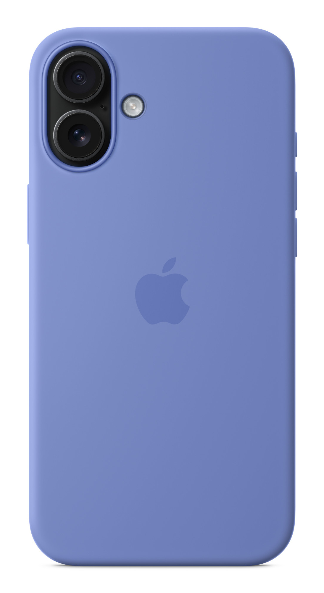Eine lila Handyhülle mit Apple-Logo und zwei Kameralinsen.