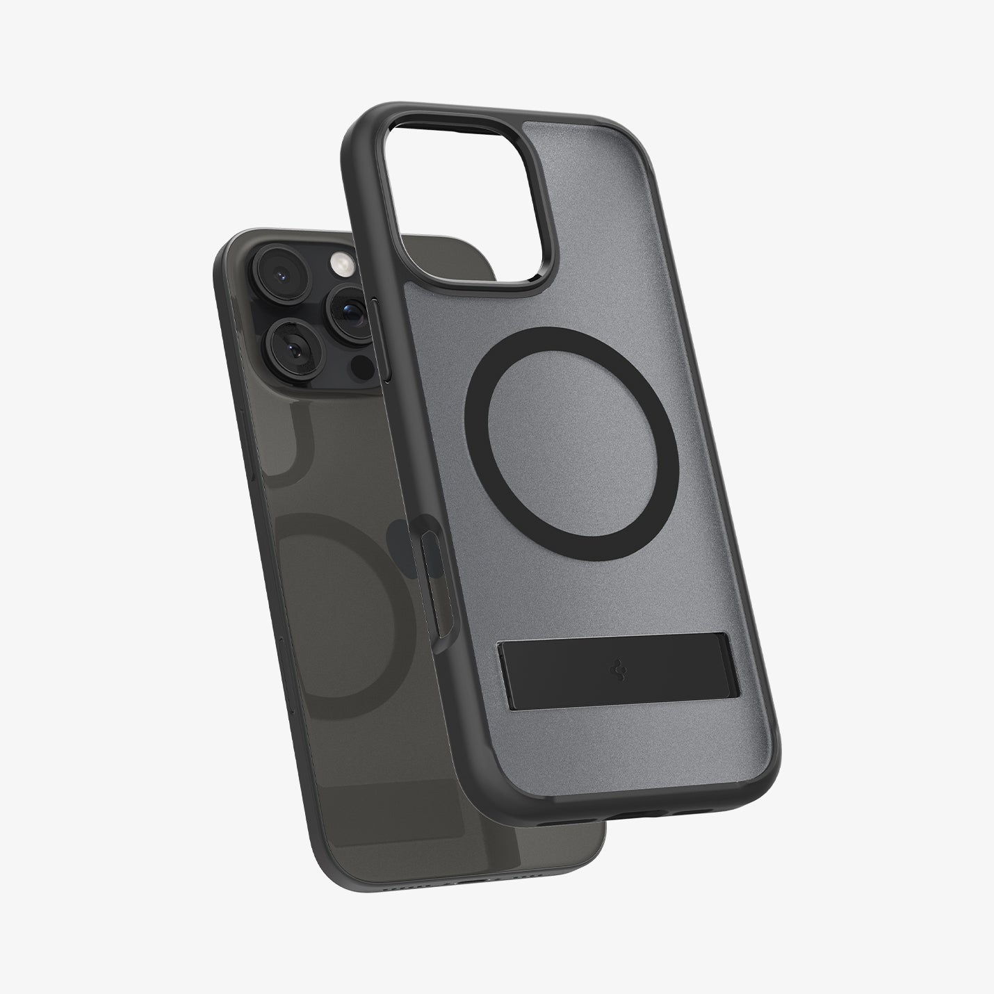 Une coque de téléphone grise avec un cercle magnétique noir et un support.