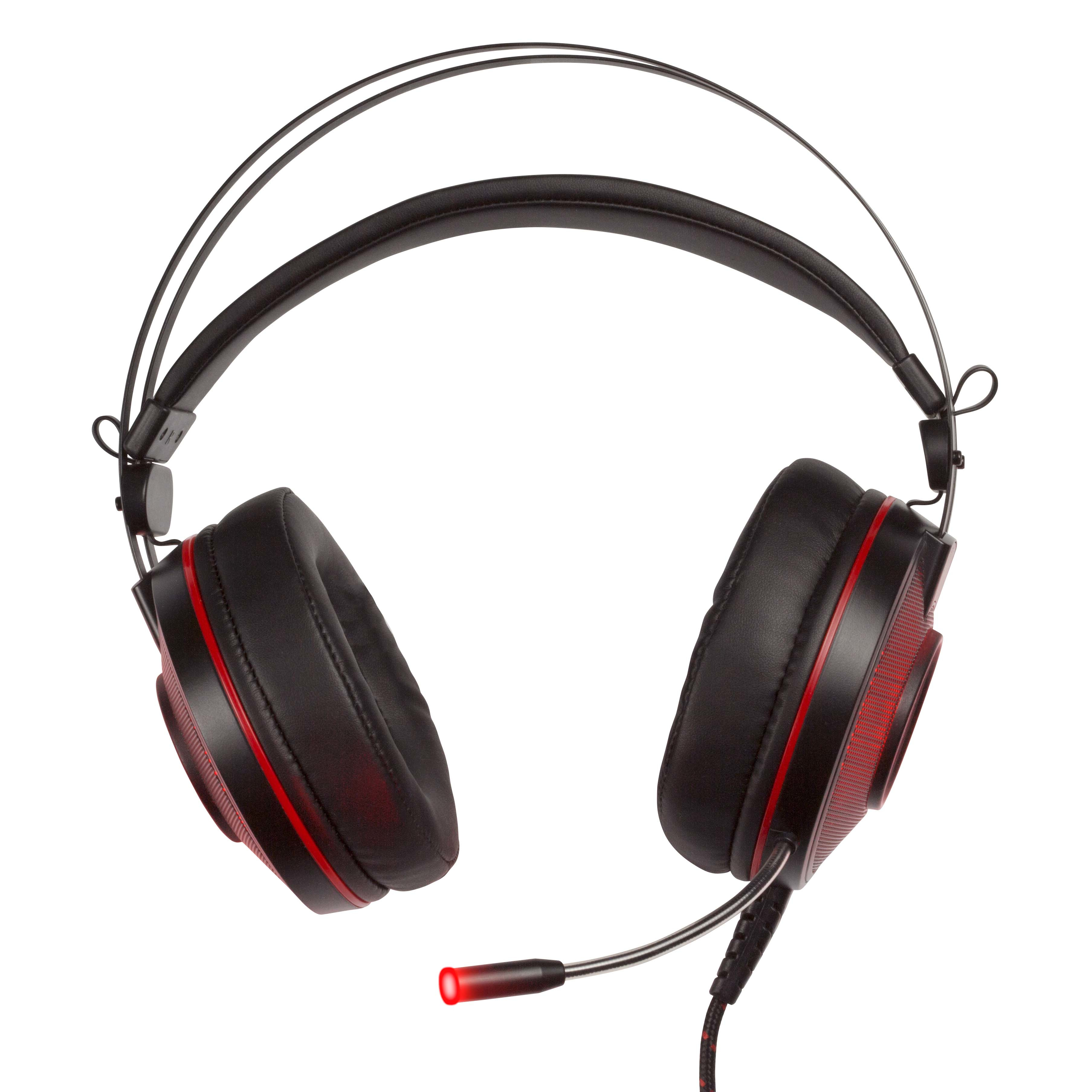 Schwarzes Gaming-Headset mit roten Akzenten. Die Kopfhörer haben große Ohrmuscheln, ein Mikrofon und ein Licht am Mikrofon.