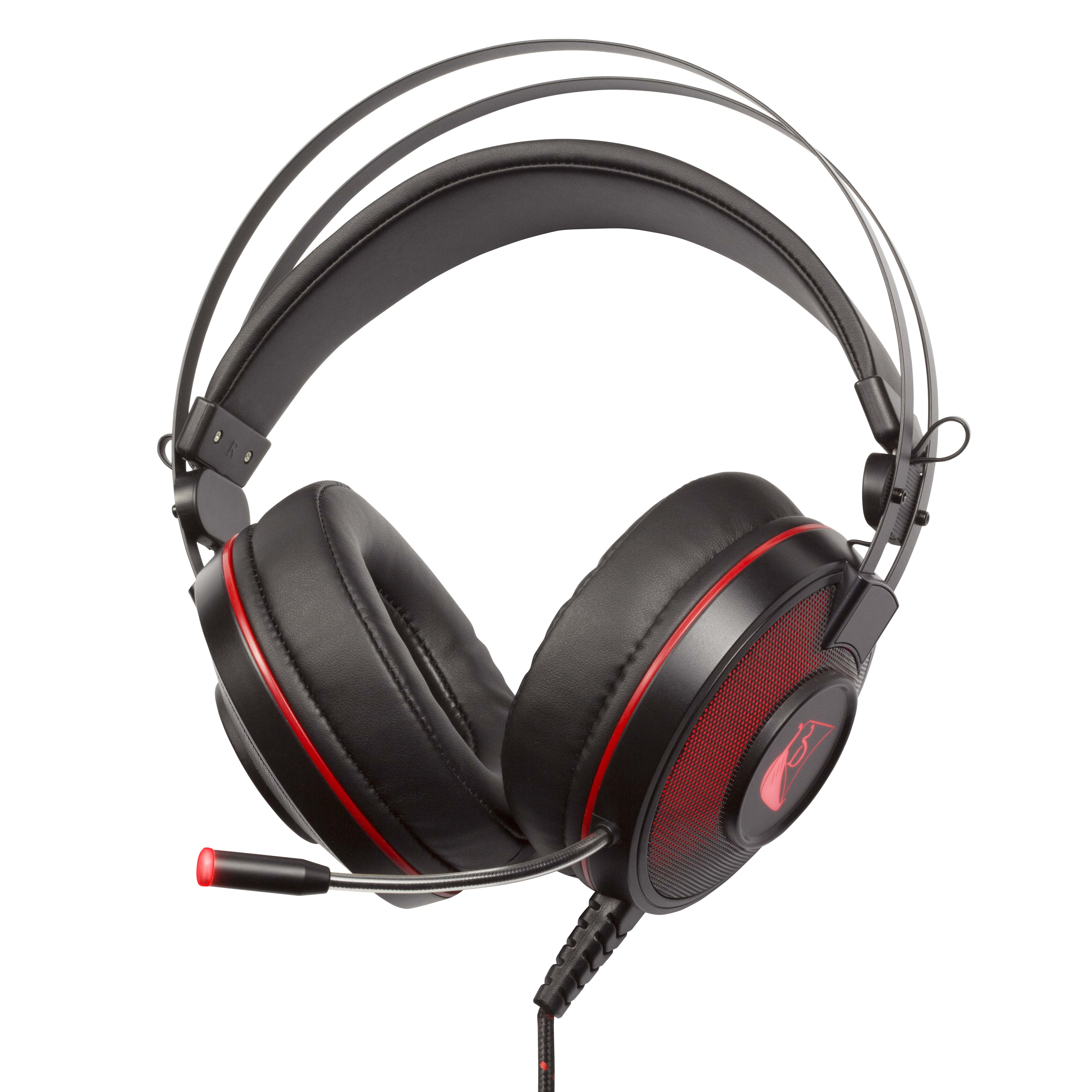 Schwarzes Gaming-Headset mit roten Akzenten. Verfügt über große Ohrmuscheln, ein Mikrofon und ein rotes Licht in der Ohrmuschel.