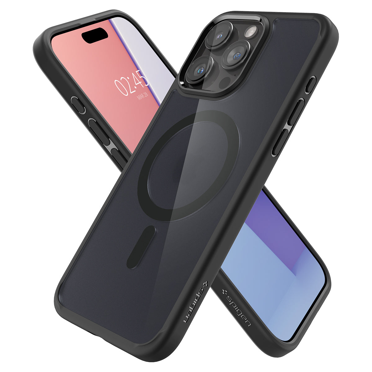 Twee zwarte telefoonhoesjes met een doorzichtige achterkant en een zwarte rand, op een witte achtergrond.