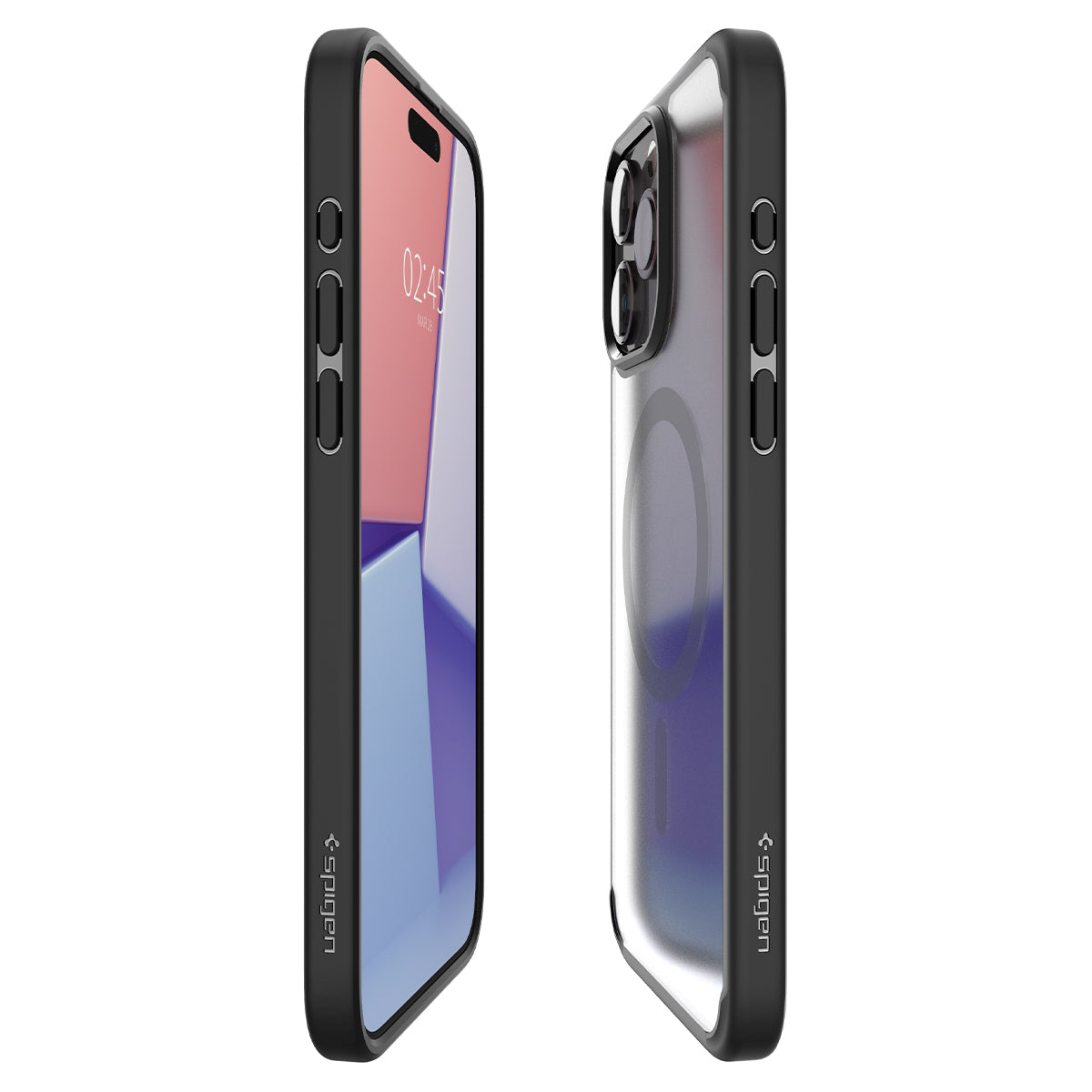 Twee zwarte telefoonhoesjes met een doorzichtige achterkant en zwarte randen, op een witte achtergrond.