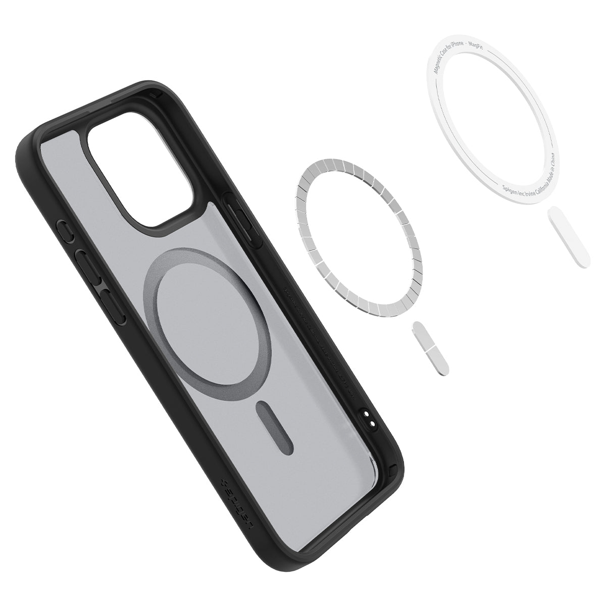 Zwarte telefoonhoes met ring en accessoires.