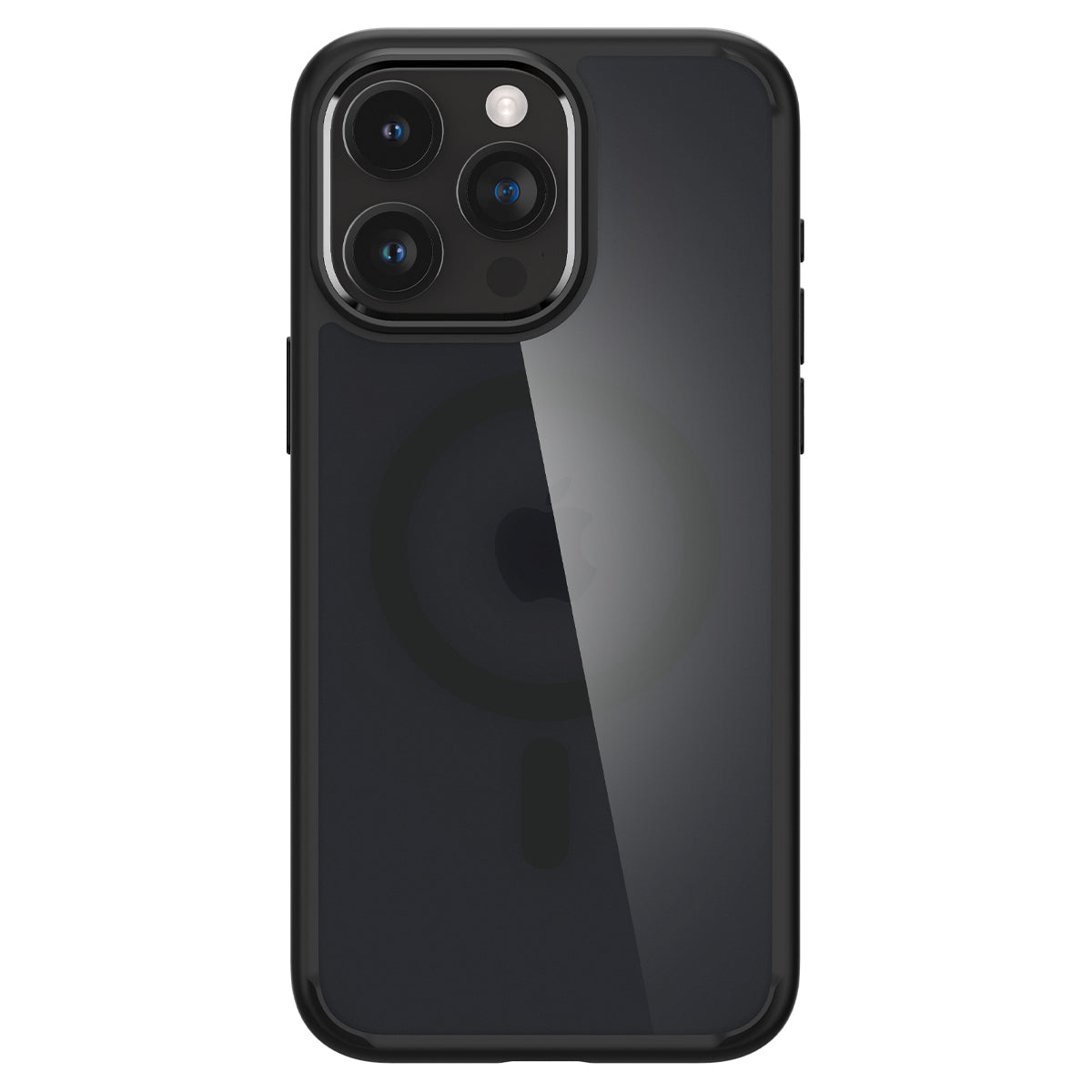 Een zwart telefoonhoesje met een transparante achterkant en drie cameralenzen. Het Apple-logo is zichtbaar.
