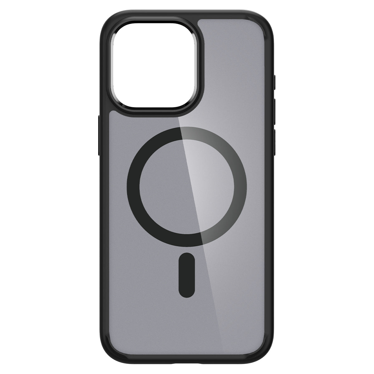 Een telefoonhoesje met een zwarte rand en een transparante achterkant. Het heeft een MagSafe-ring en een kleine uitsparing aan de onderkant.