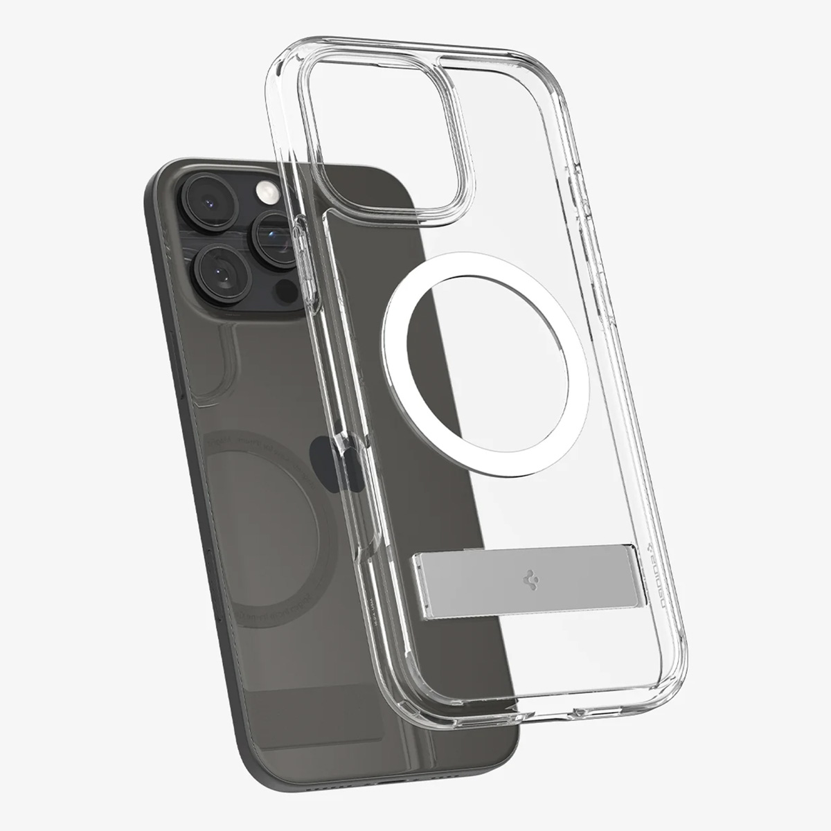 Transparante telefoonhoes met een zwarte telefoon erin, en een transparante telefoonhoes en standaard, tegen een witte achtergrond.