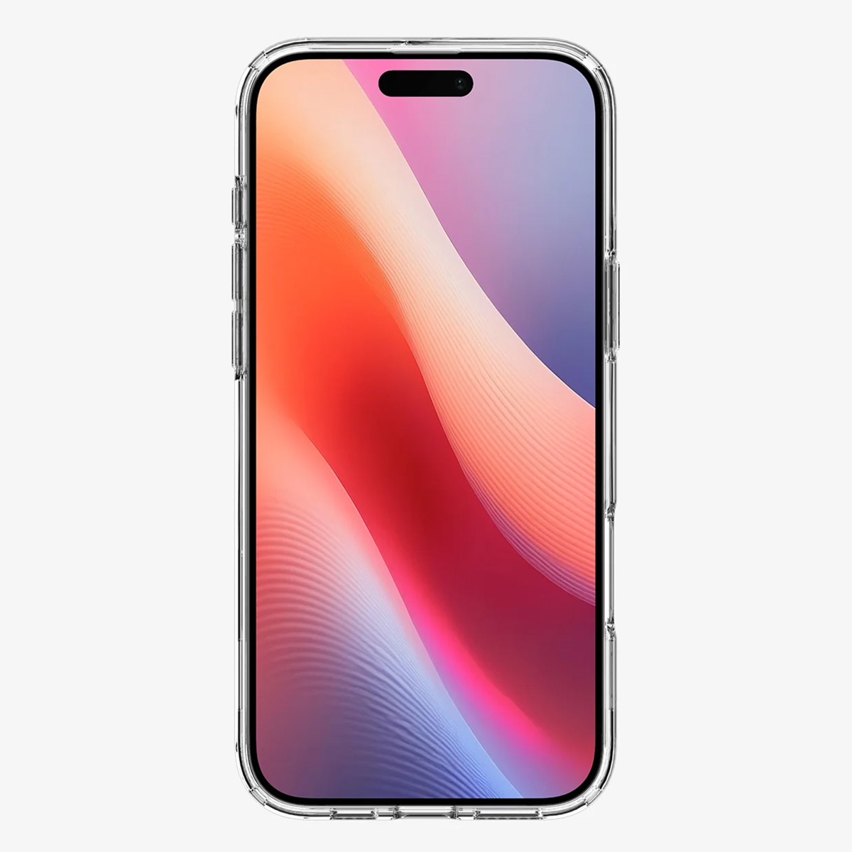Een smartphone in een doorzichtige hoes, het scherm toont een kleurrijk abstract ontwerp met rode en blauwe tinten.