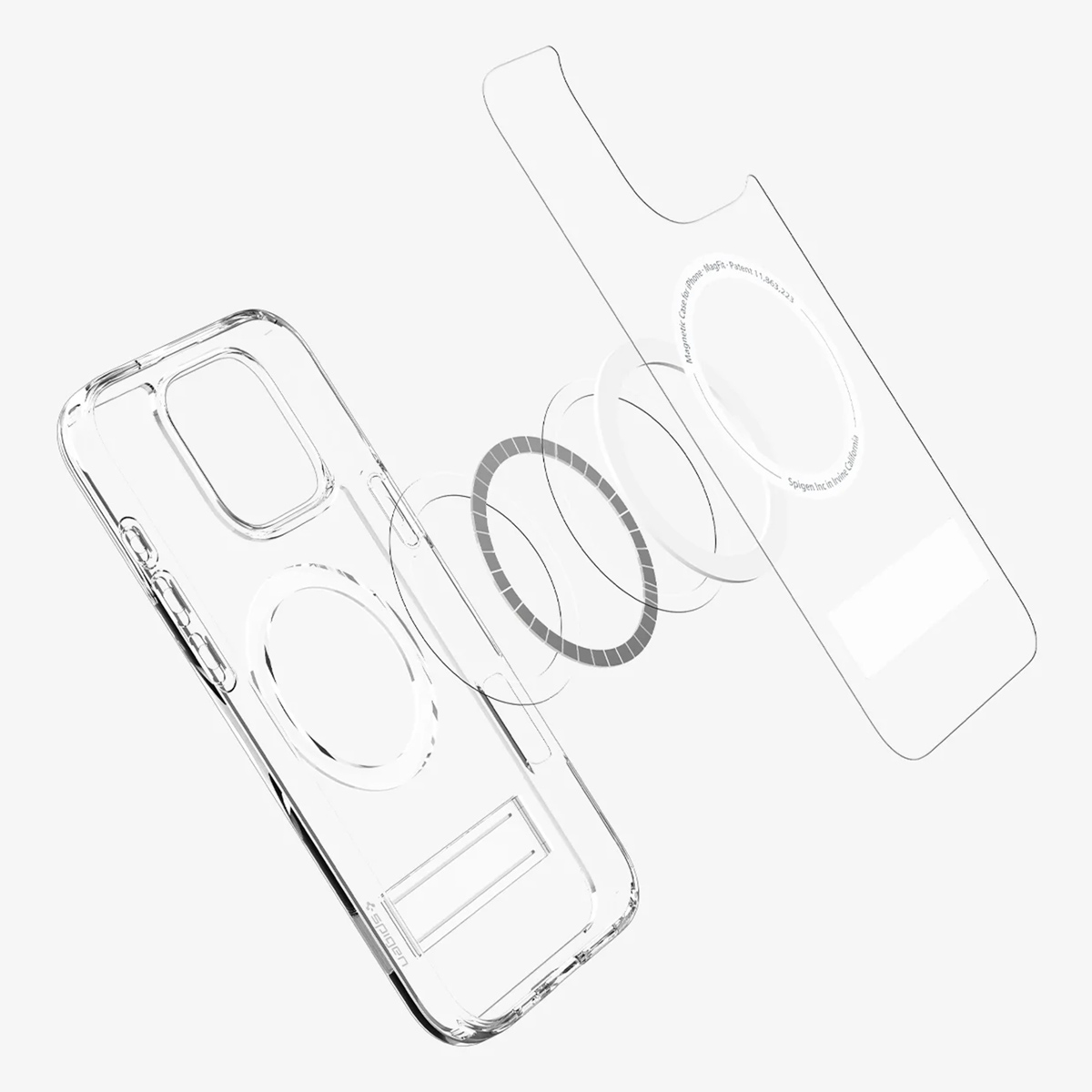 Transparante telefoonhoes met losse onderdelen, waaronder een ring en standaard, tegen een witte achtergrond.