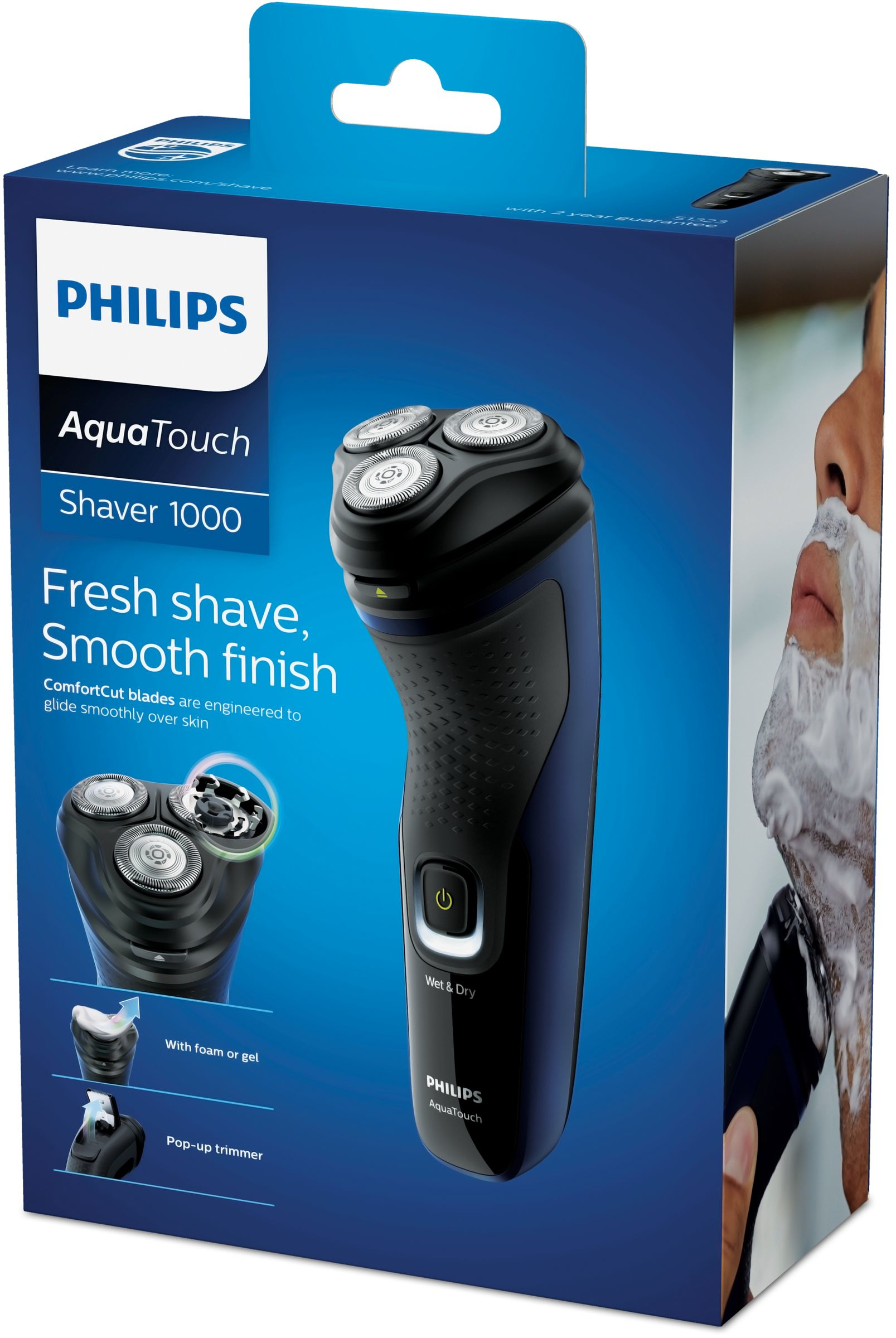 Philips AquaTouch tıraş makinesi ambalajı, tıraş makinesini ve özelliklerini gösteriyor.